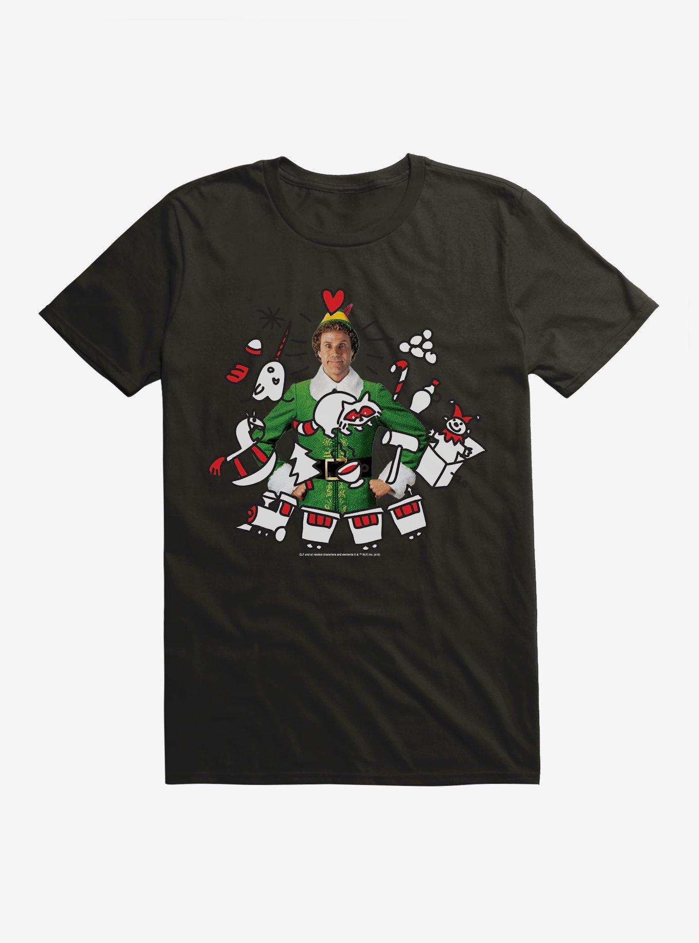 Elf Buddy With Icons T-Shirt, BLACK, hi-res