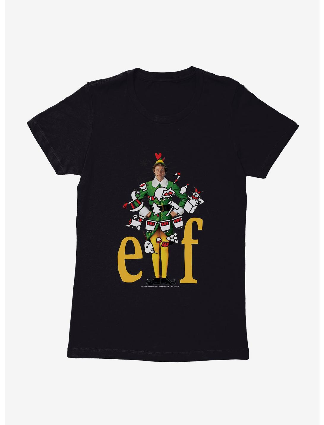 Elf Yellow Logo With Icons Womens T-Shirt, BLACK, hi-res