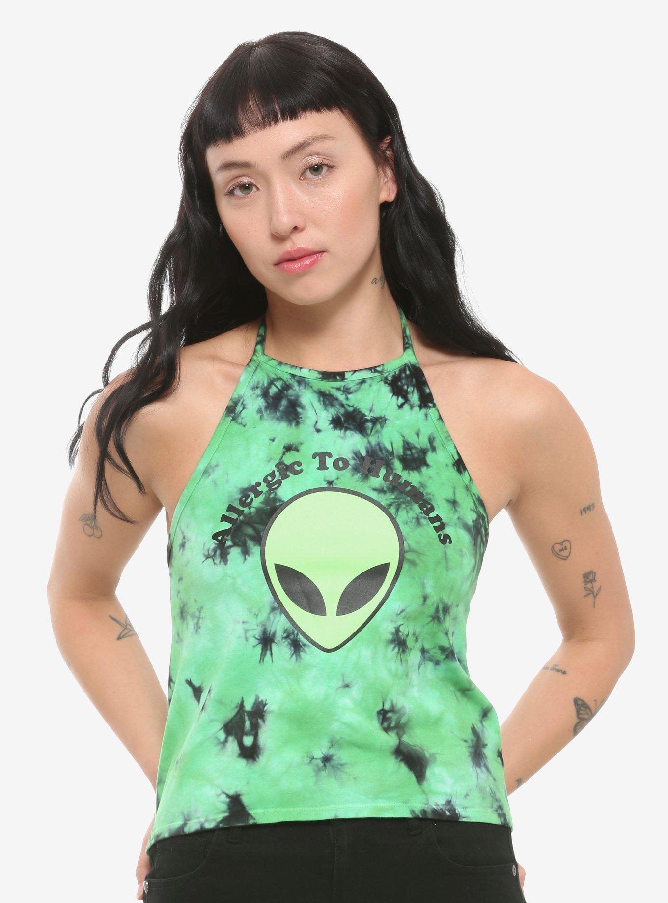 Allergic To Humans Alien Tie-Dye Girls Halter Top, BLACK, hi-res