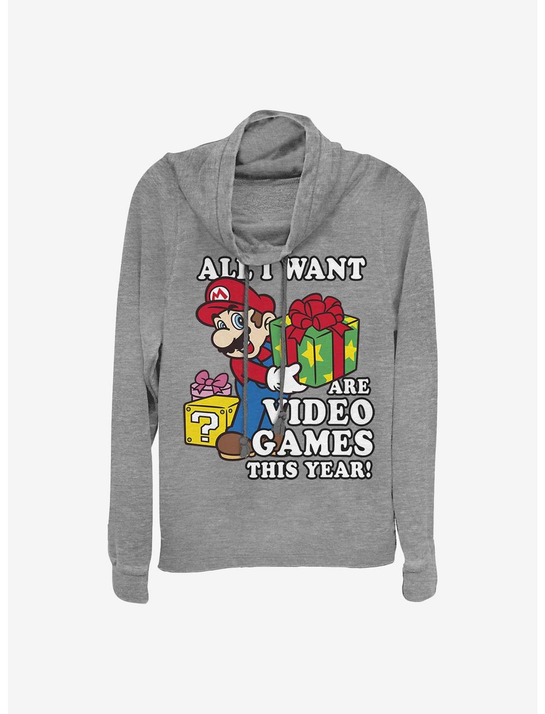 Super Mario All I Want Are Video Games Holiday Cowl Neck Long-Sleeve Girls Top, GRAY HTR, hi-res