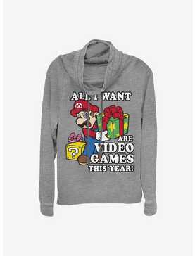 Super Mario All I Want Are Video Games Holiday Cowl Neck Long-Sleeve Girls Top, , hi-res