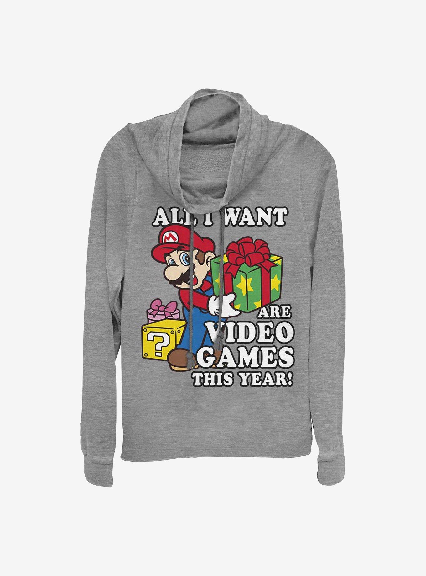 Super Mario All I Want Are Video Games Holiday Cowl Neck Long-Sleeve Girls Top, , hi-res