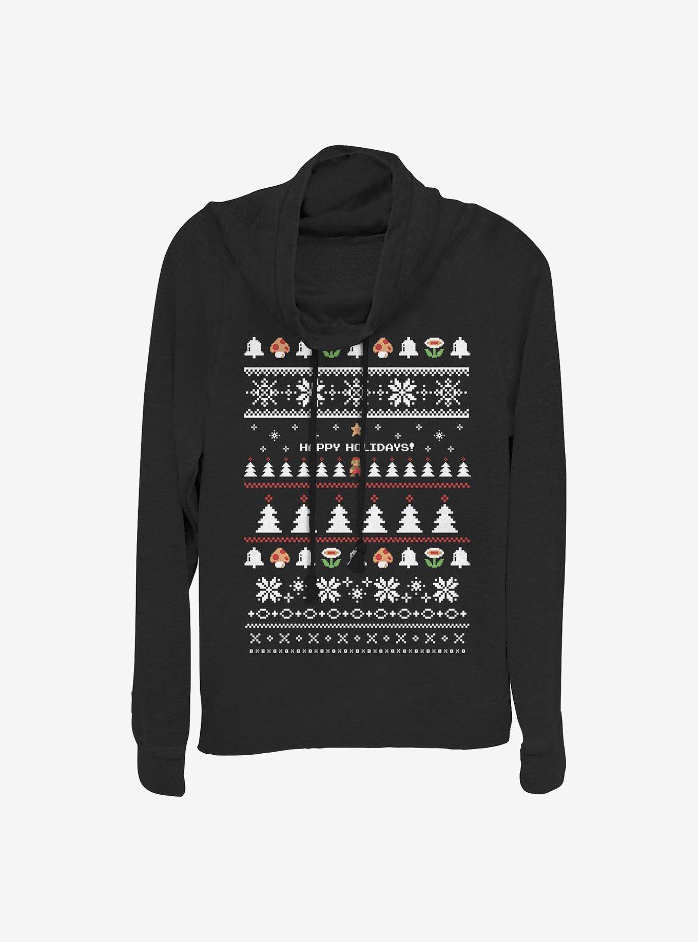 Super Mario Happy Holidays Cowl Neck Long-Sleeve Girls Top, , hi-res