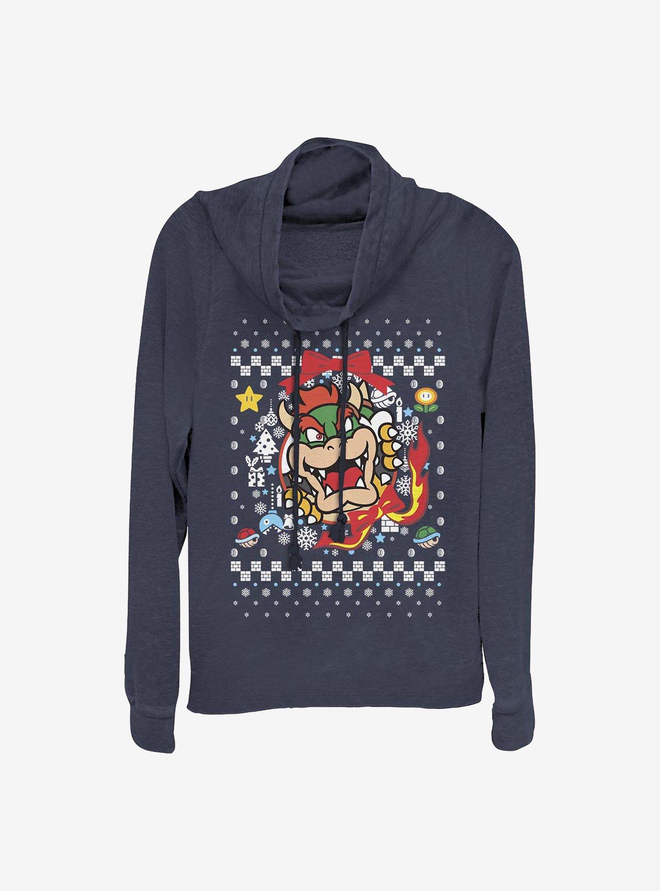 Super Mario Bowser Wreath Ugly Christmas Sweater Cowl Neck Long-Sleeve Girls Top, NAVY, hi-res