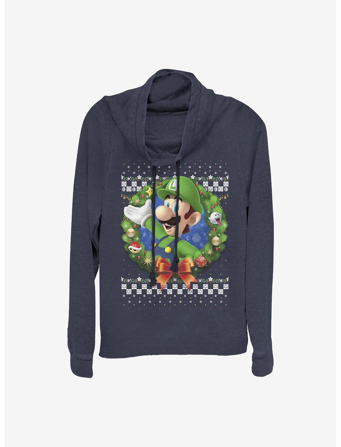 Super Mario Luigi Wreath Holiday Cowl Neck Long-Sleeve Girls Top, NAVY, hi-res