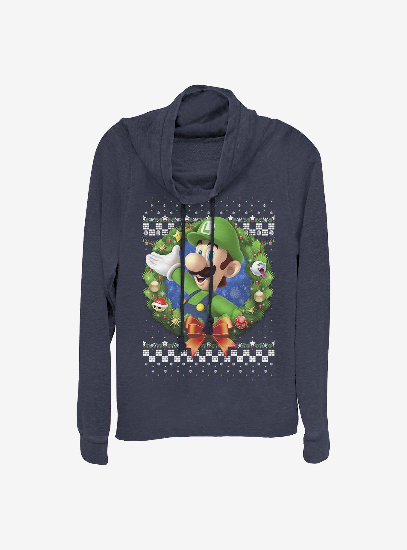 Super Mario Luigi Wreath Holiday Cowl Neck Long-Sleeve Girls Top, NAVY, hi-res