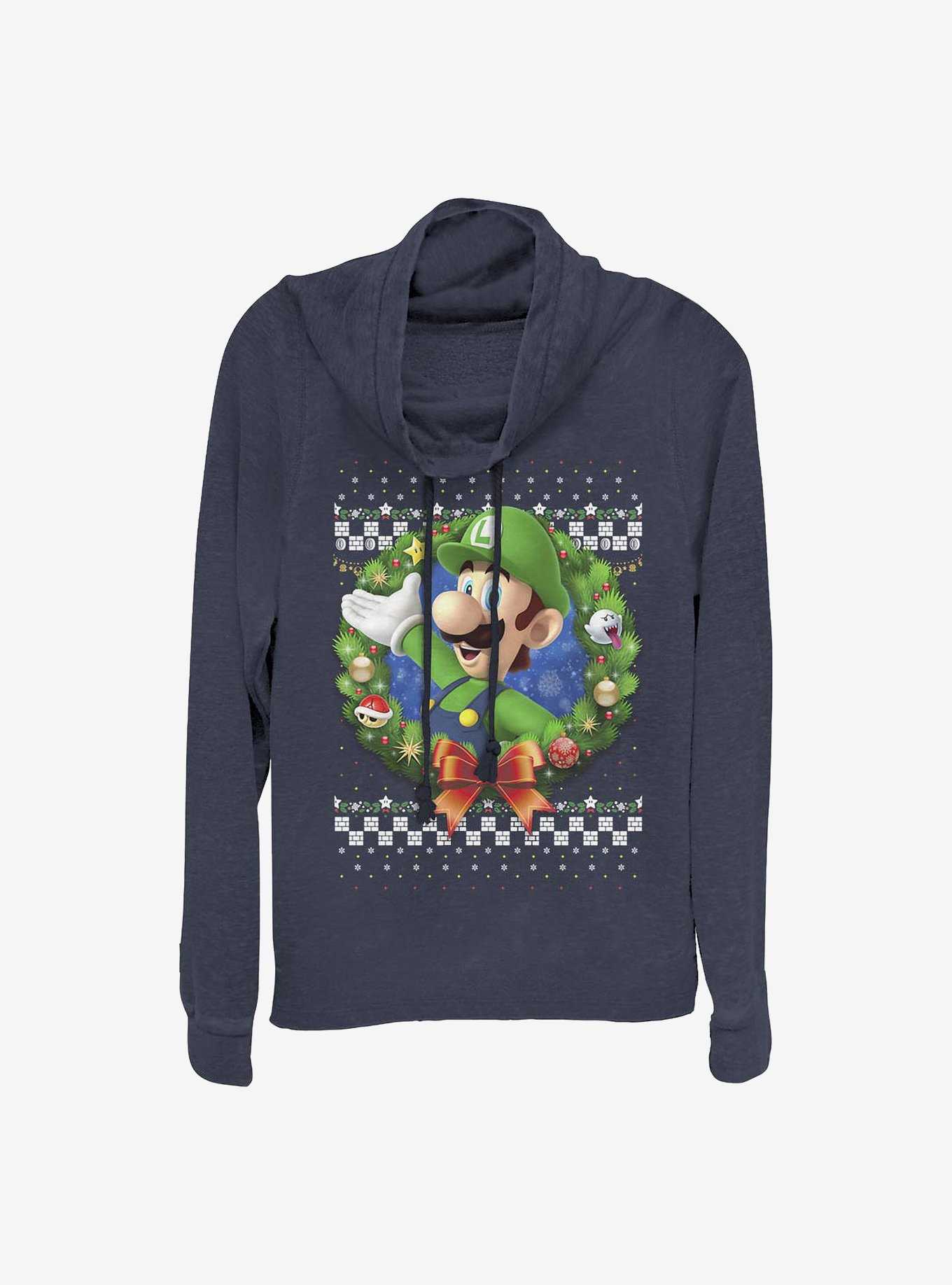 Super Mario Luigi Wreath Holiday Cowl Neck Long-Sleeve Girls Top, , hi-res