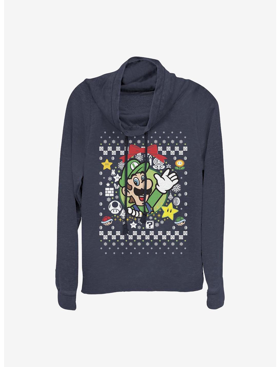 Super Mario Luigi Wreath Ugly Christmas Sweater Cowl Neck Long-Sleeve Girls Top, NAVY, hi-res
