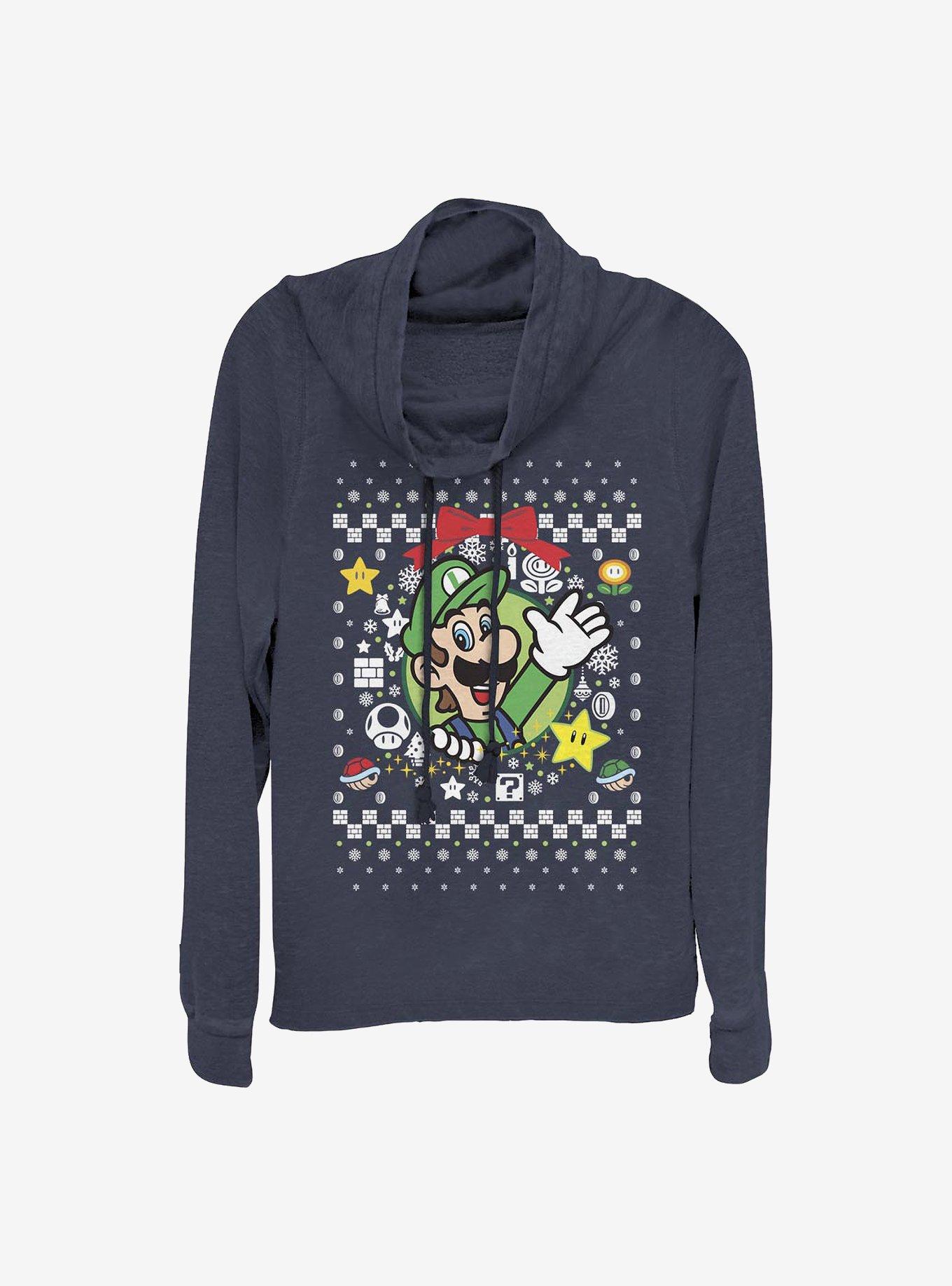 Super Mario Luigi Wreath Ugly Christmas Sweater Cowl Neck Long-Sleeve Girls Top, NAVY, hi-res