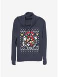 Super Mario Mario Wreath Ugly Christmas Sweater Cowl Neck Long-Sleeve Girls Top, NAVY, hi-res