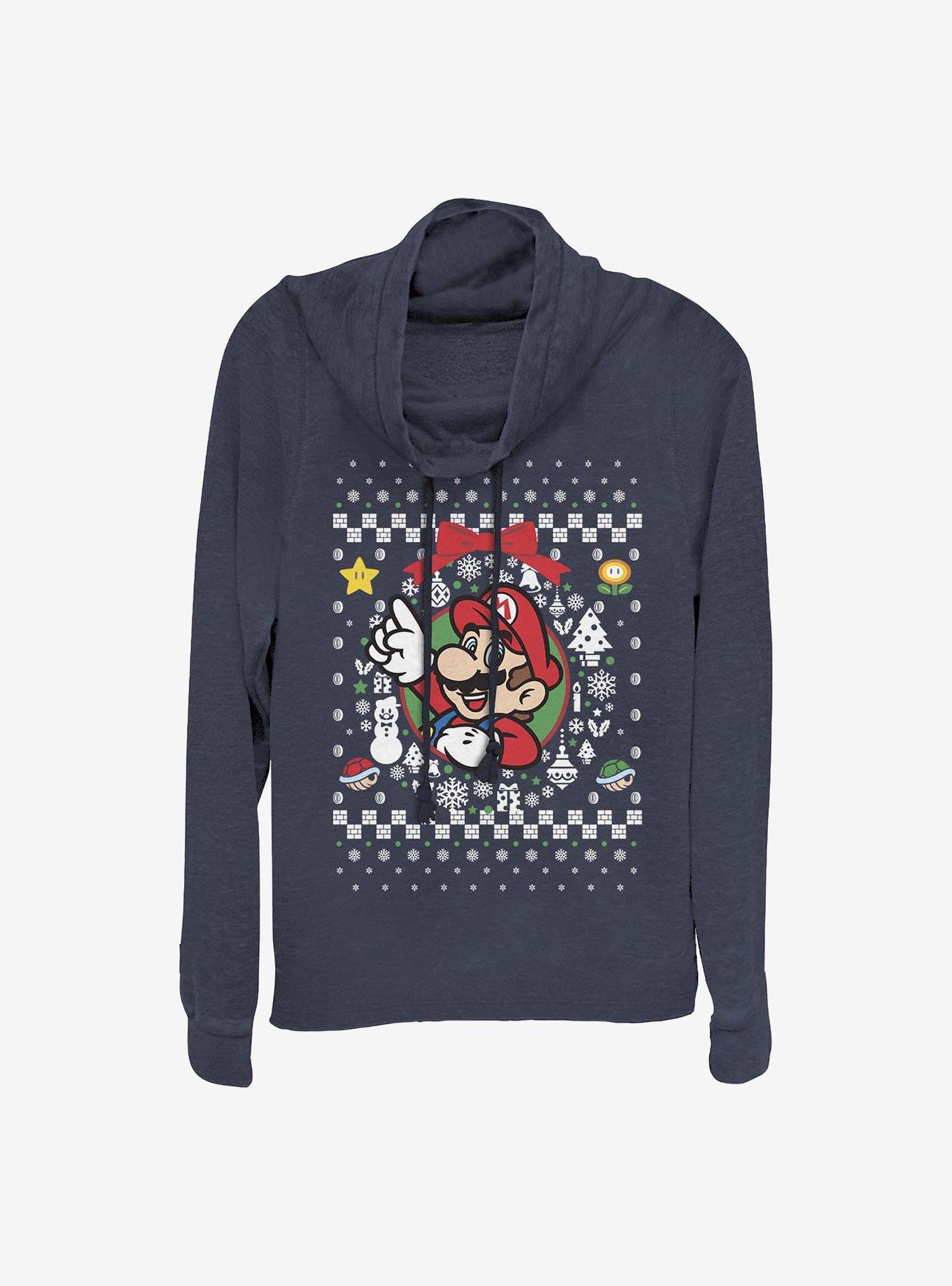 Super Mario Mario Wreath Ugly Christmas Sweater Cowl Neck Long-Sleeve Girls Top, NAVY, hi-res