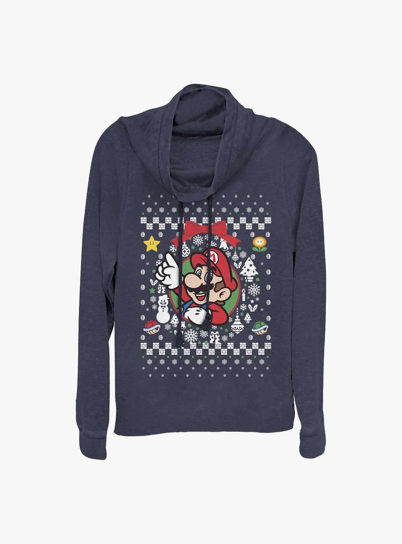 Super Mario Mario Wreath Ugly Christmas Sweater Cowl Neck Long-Sleeve Girls Top, , hi-res