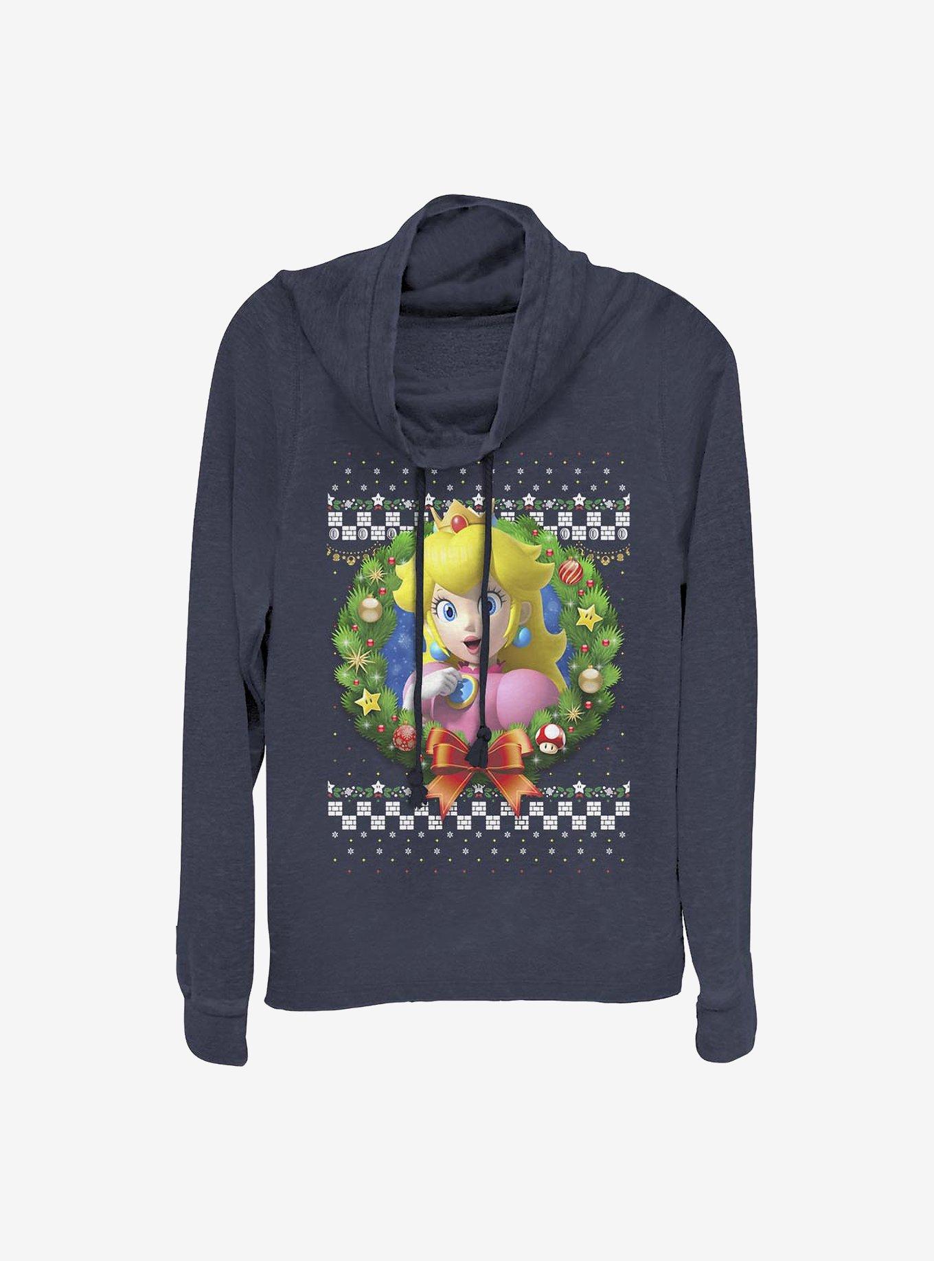 Super Mario Peach Wreath Holiday Cowl Neck Long-Sleeve Girls Top, NAVY, hi-res