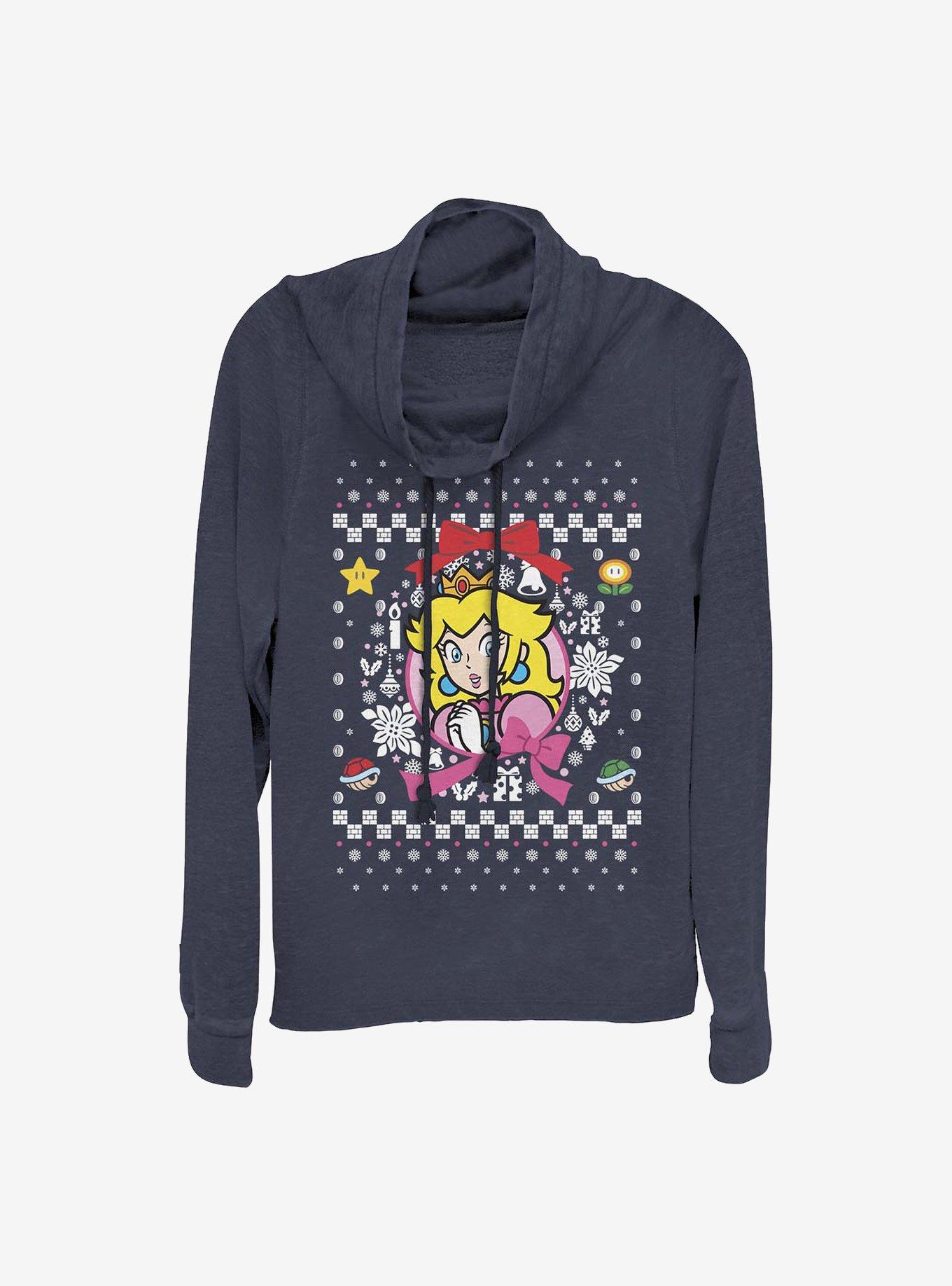 Super Mario Princess Wreath Ugly Christmas Sweater Cowl Neck Long-Sleeve Girls Top, NAVY, hi-res