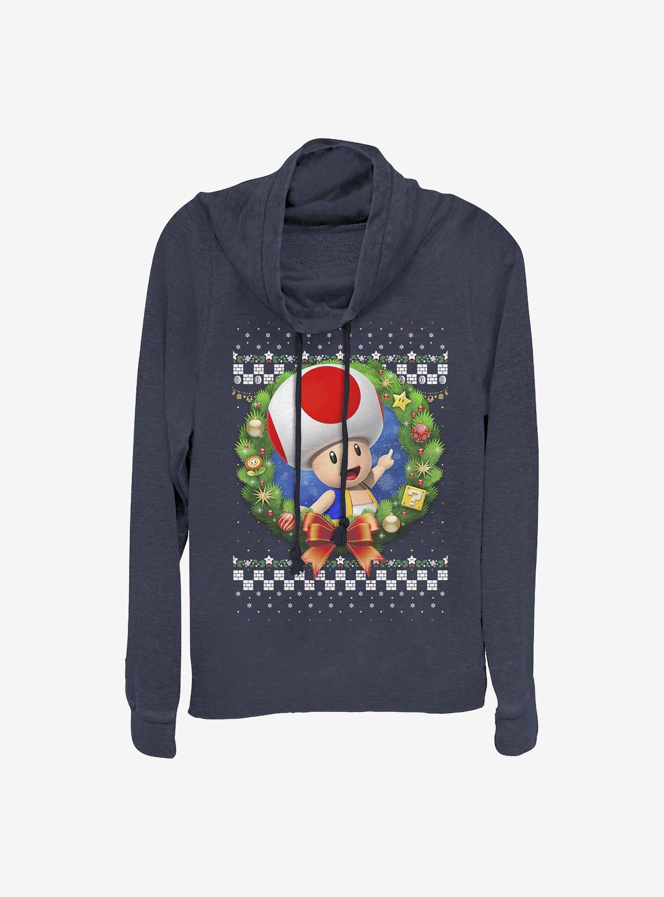 Super Mario Mario Wreath Holiday Cowl Neck Long-Sleeve Girls Top, NAVY, hi-res