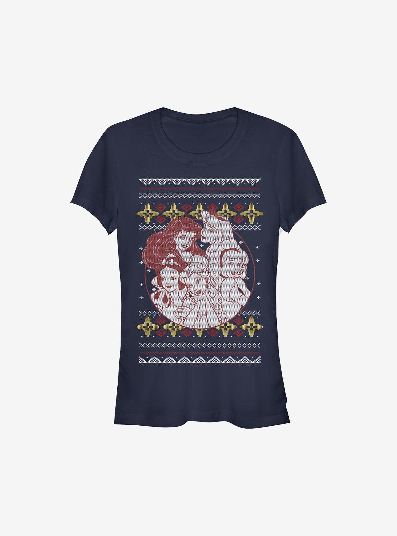 Disney Princesses Group Christmas Print Girls T-Shirt, NAVY, hi-res