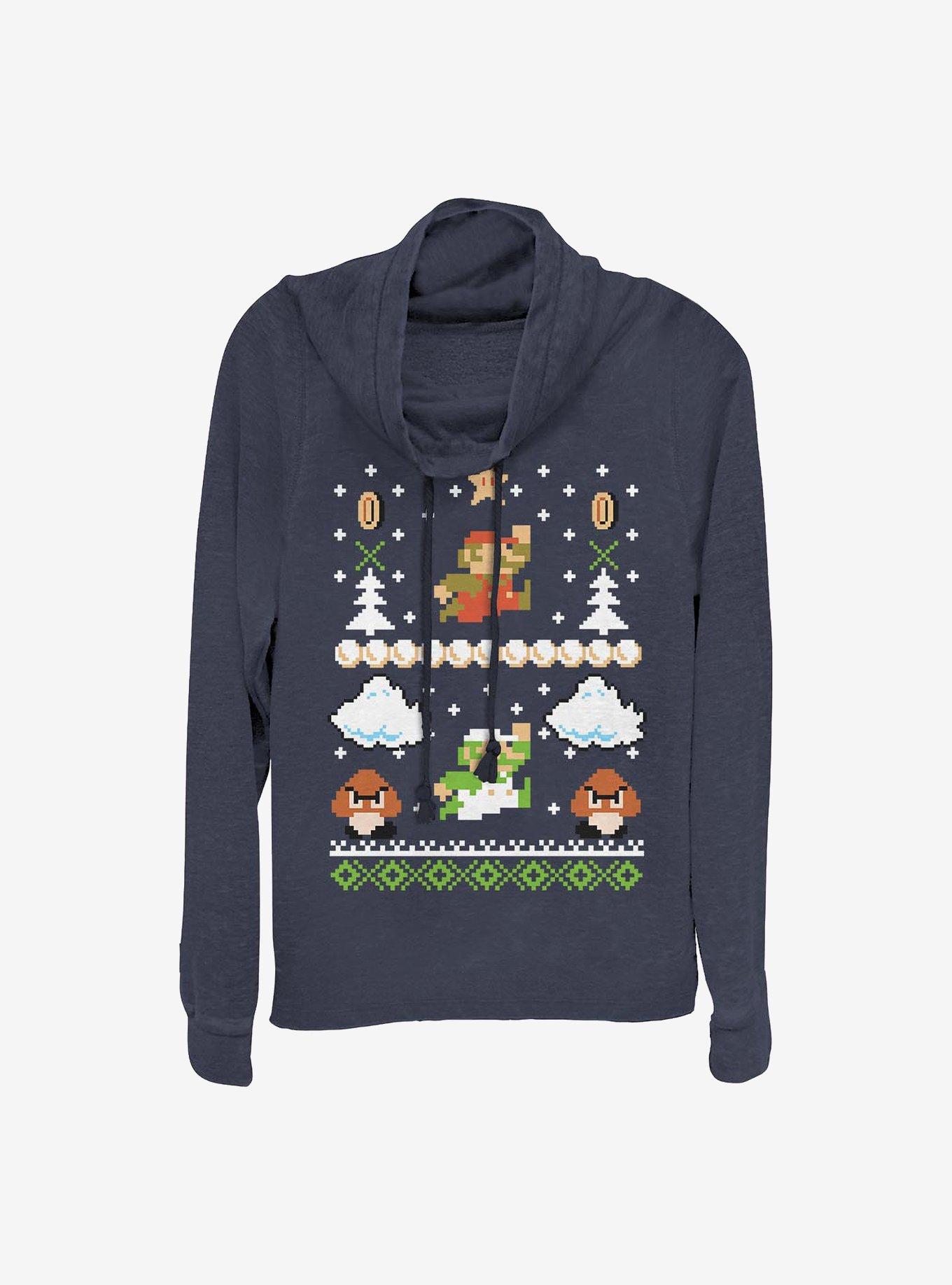 Super Mario Christmas Print Cowl Neck Long-Sleeve Girls Top, NAVY, hi-res