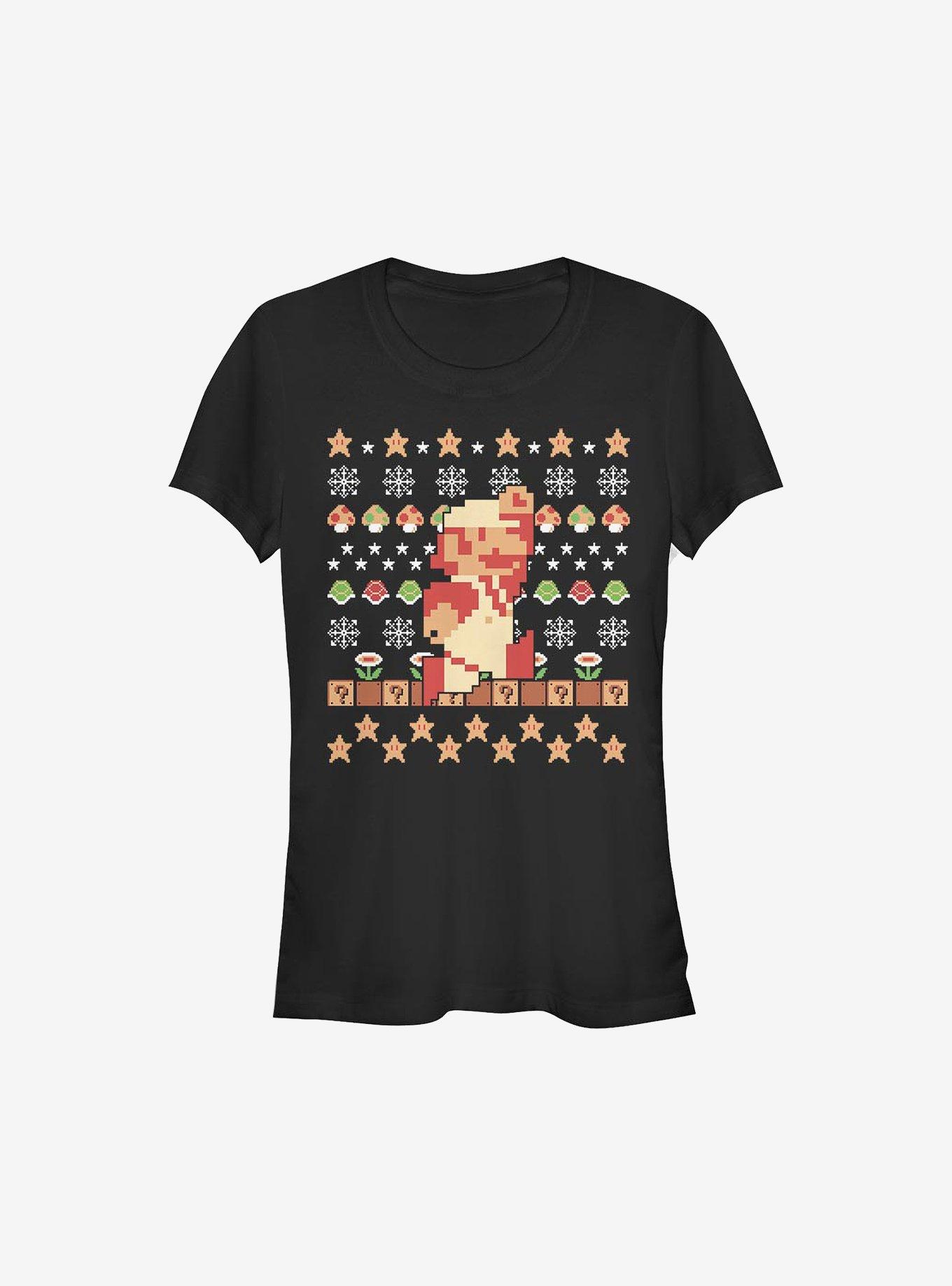 Super Mario Holiday Pixels Christmas Pattern Girls T-Shirt, BLACK, hi-res