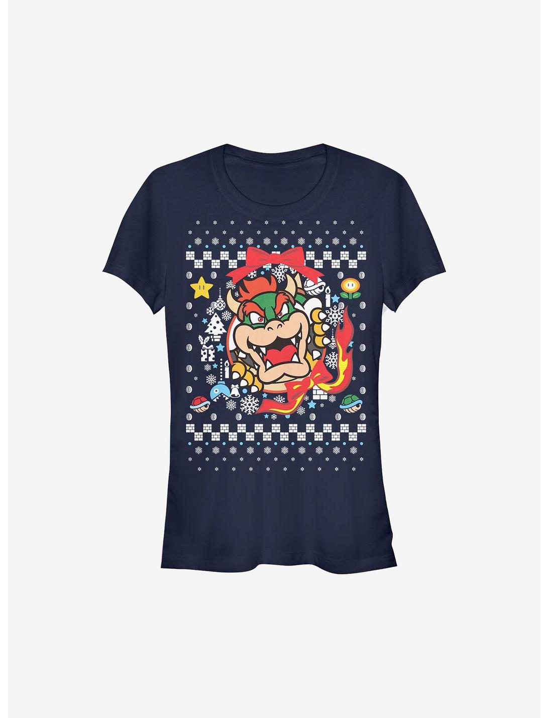 Super Mario Bowser Wreath Ugly Christmas Sweater Girls T-Shirt, NAVY, hi-res