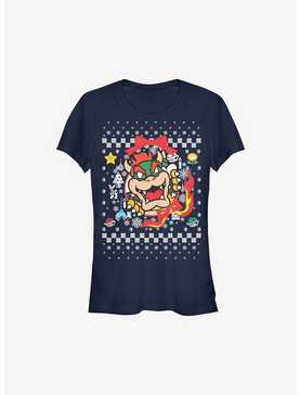 Super Mario Bowser Wreath Ugly Christmas Sweater Girls T-Shirt, NAVY, hi-res