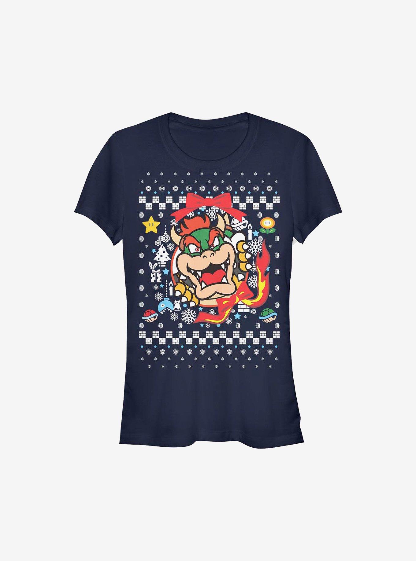 Super Mario Bowser Wreath Ugly Christmas Sweater Girls T-Shirt, NAVY, hi-res