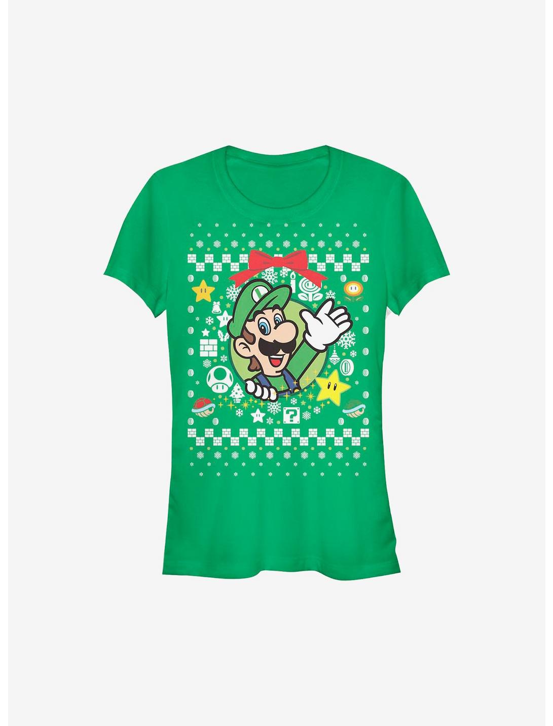 Super Mario Luigi Wreath Ugly Christmas Sweater Girls T-Shirt, KELLY, hi-res