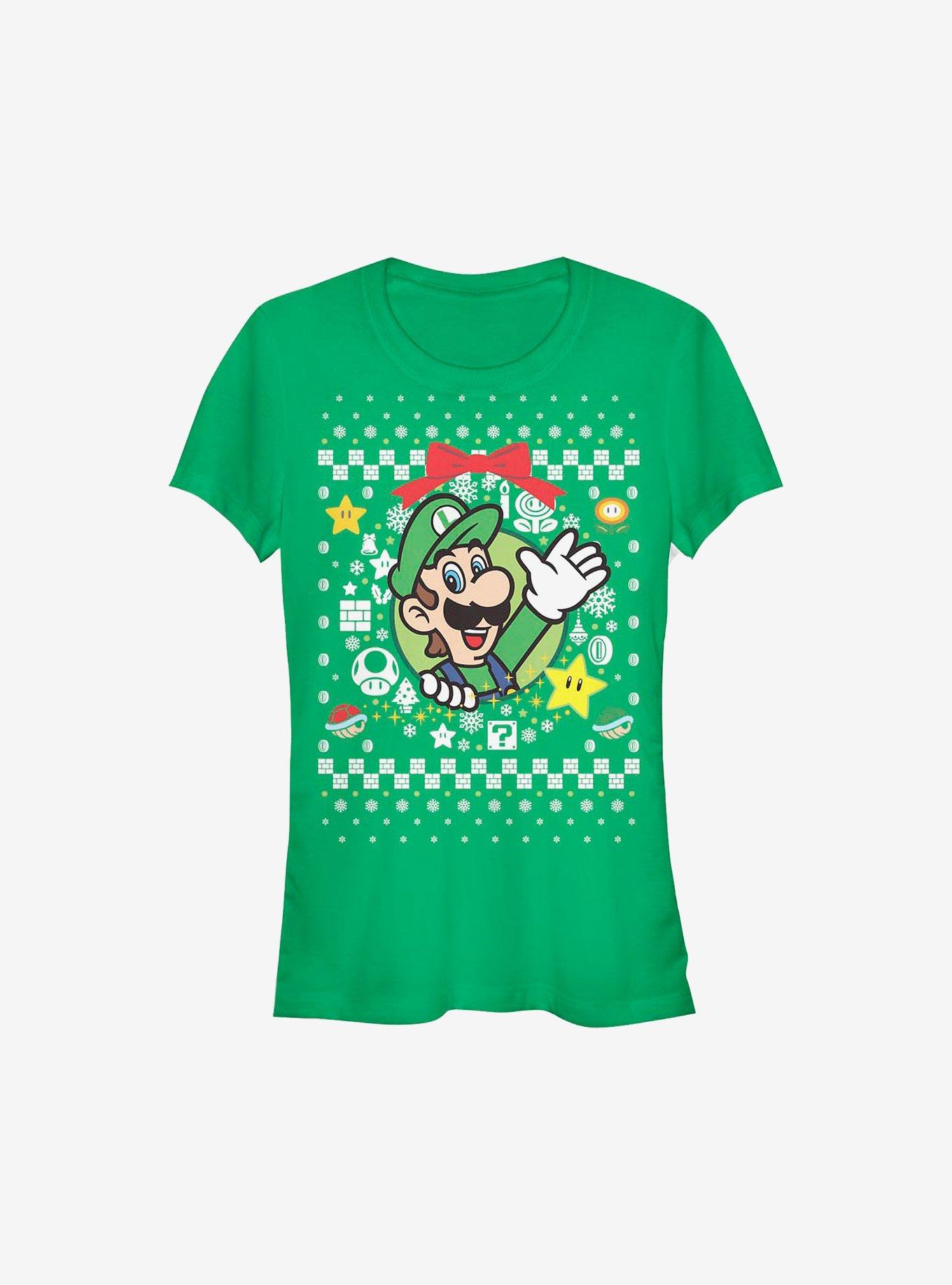 Super Mario Luigi Wreath Ugly Christmas Sweater Girls T-Shirt, KELLY, hi-res