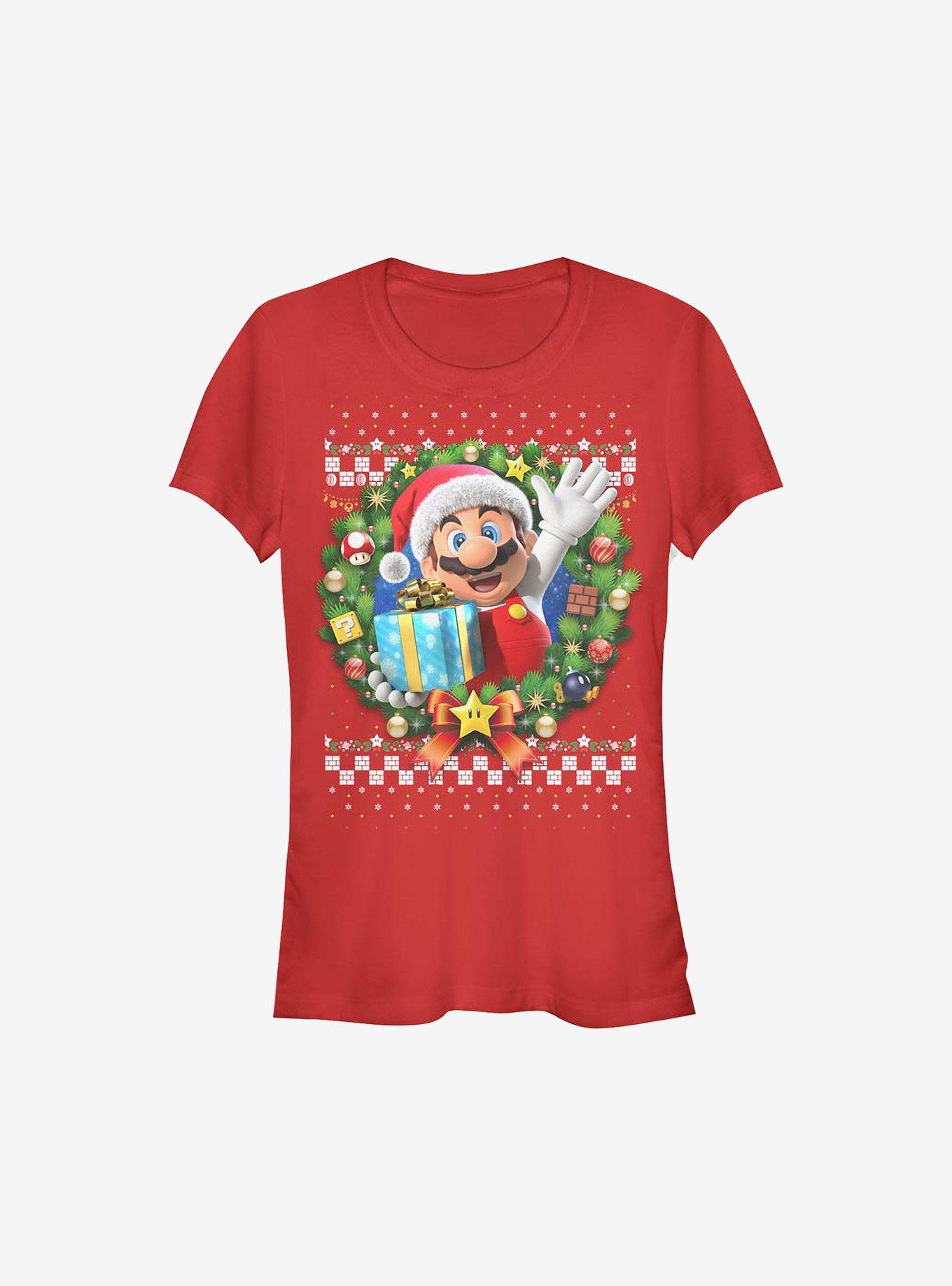 Super Mario Mario Wreath Holiday Girls T-Shirt, RED, hi-res