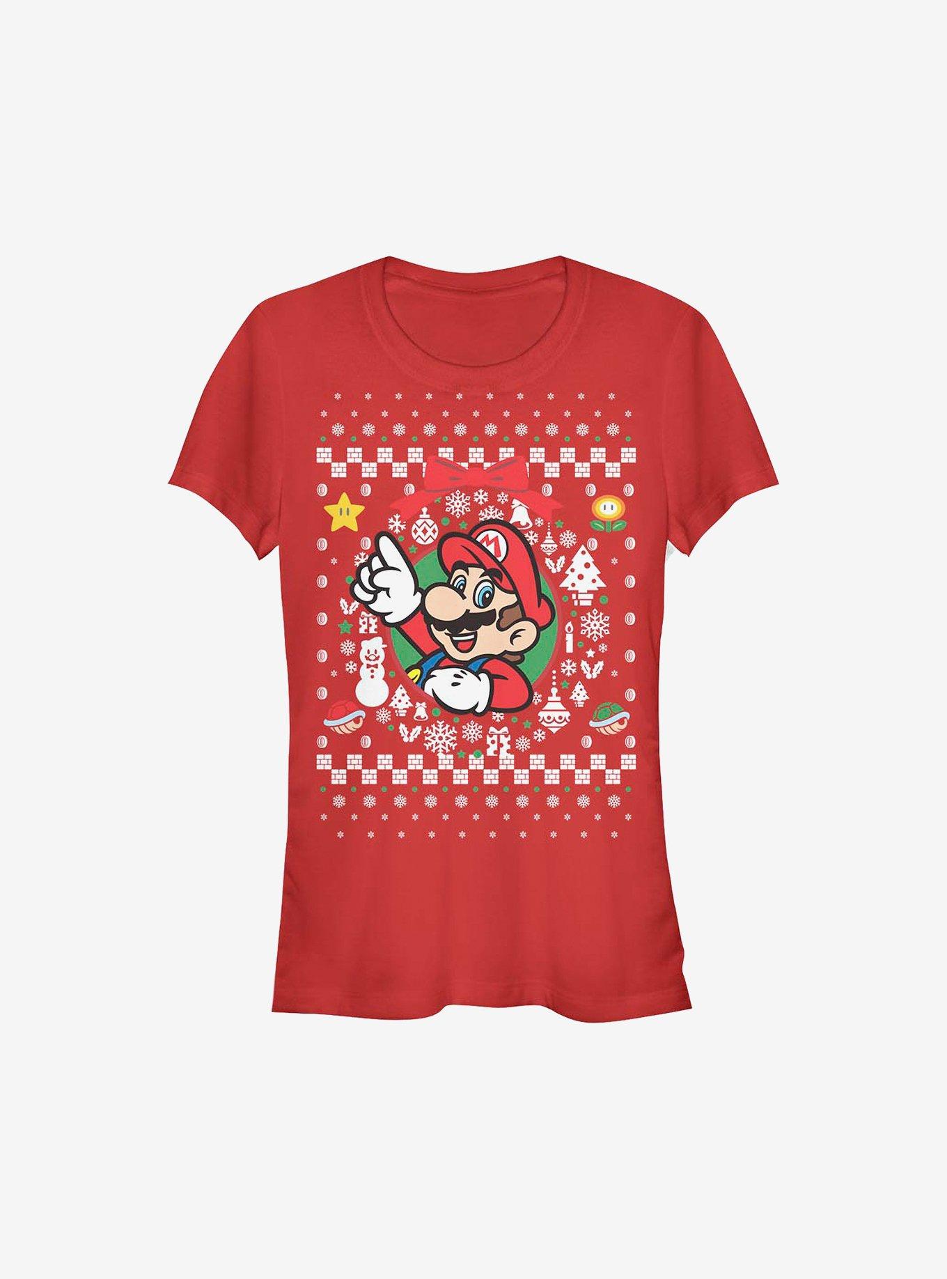 Super Mario Mario Wreath Ugly Christmas Sweater Girls T-Shirt, RED, hi-res