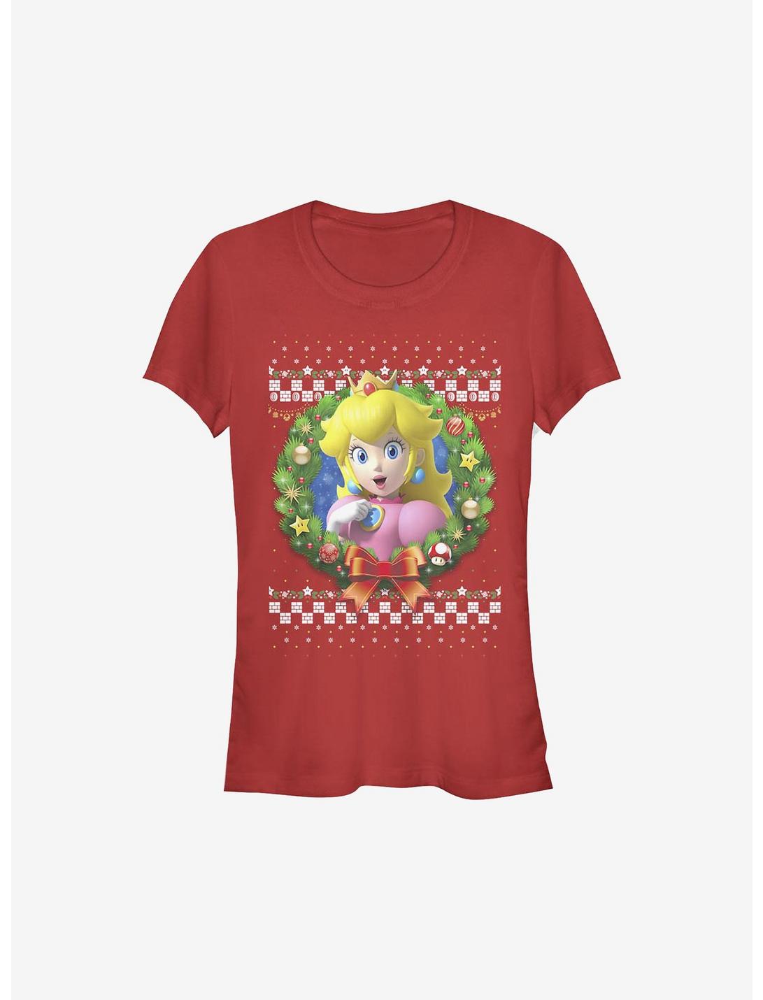 Super Mario Peach Wreath Holiday Girls T-Shirt, RED, hi-res