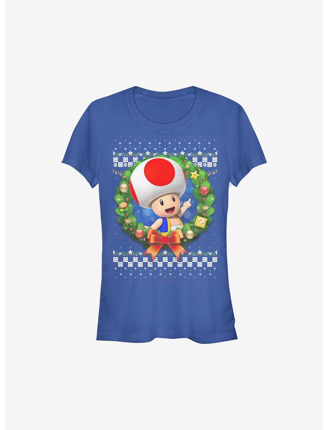 Super Mario Toad Wreath Holiday Girls T-Shirt, ROYAL, hi-res