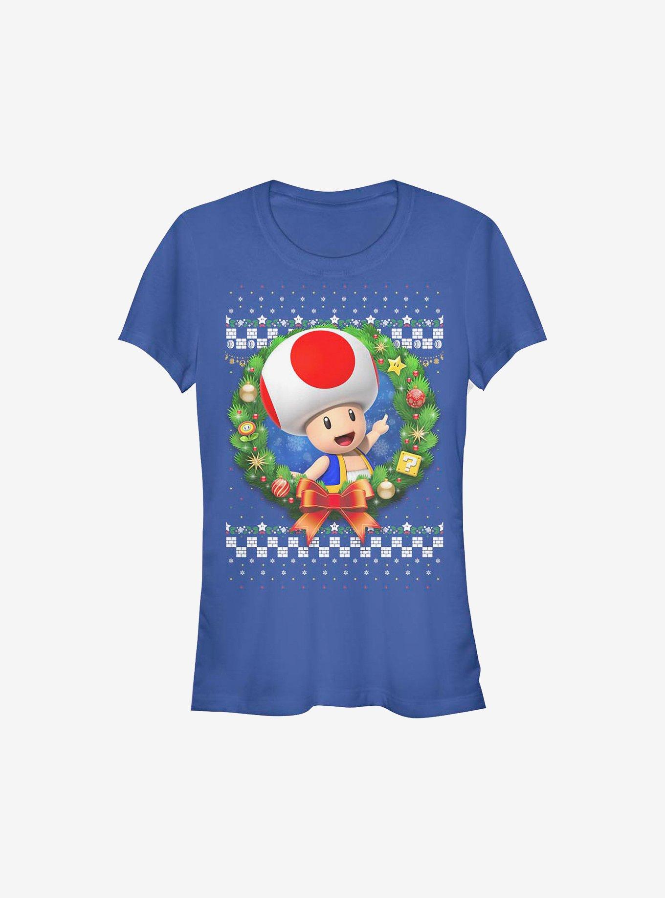 Super Mario Toad Wreath Holiday Girls T-Shirt, ROYAL, hi-res