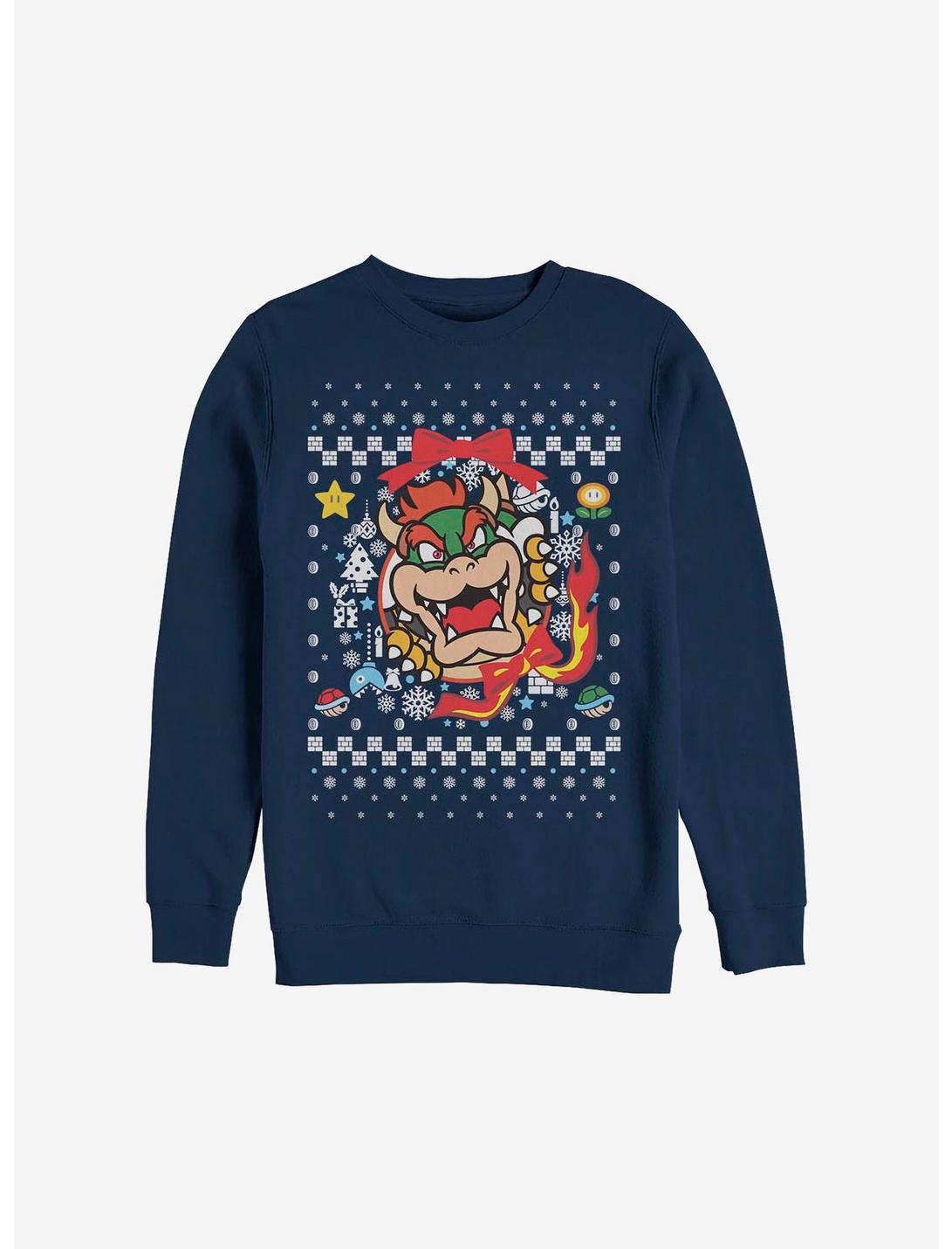 Super Mario Bowser Wreath Ugly Christmas Sweater Sweatshirt, NAVY, hi-res