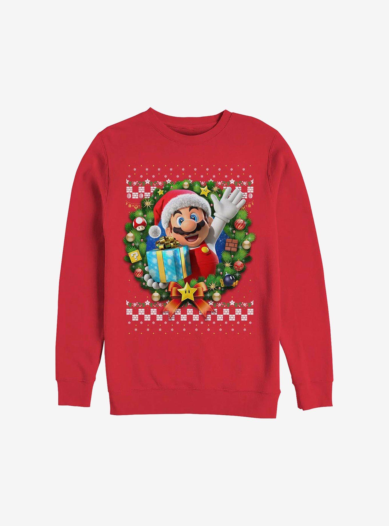 Super Mario Mario Wreath Holiday Sweatshirt, RED, hi-res