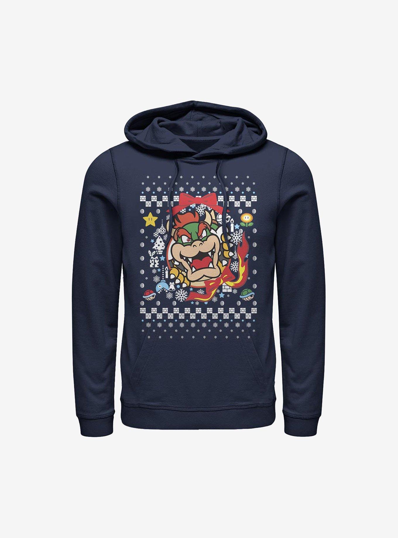 Super Mario Bowser Princess Wreath Ugly Christmas Sweater Hoodie, NAVY, hi-res