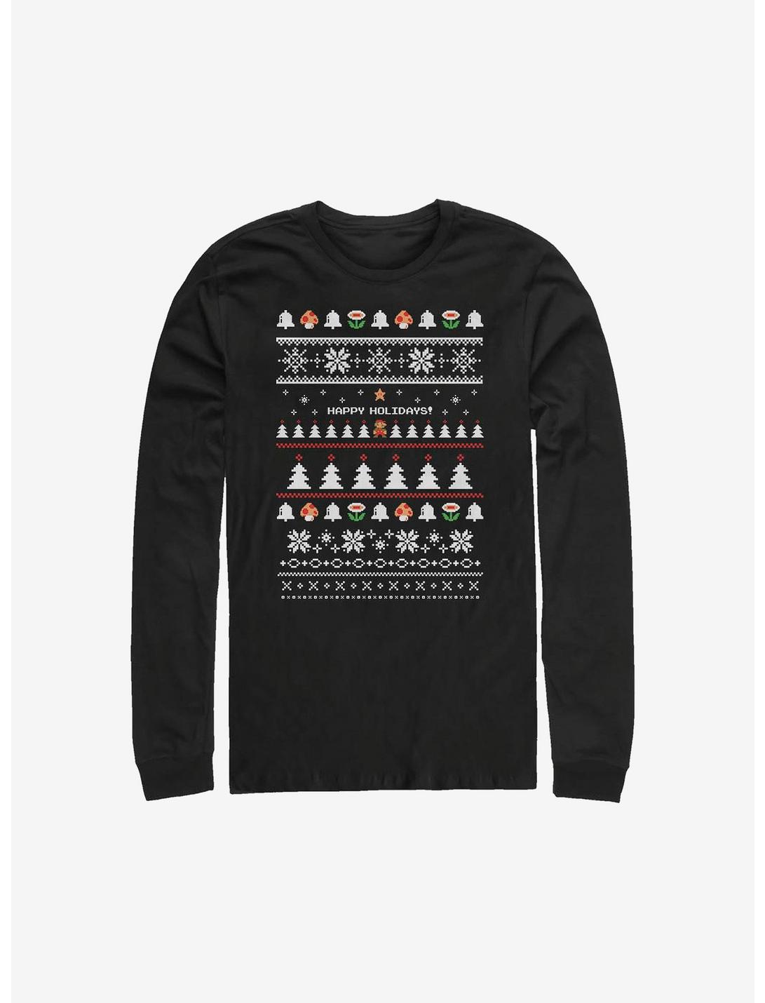 Super Mario Happy Holidays Christmas Pattern Long-Sleeve T-Shirt, BLACK, hi-res