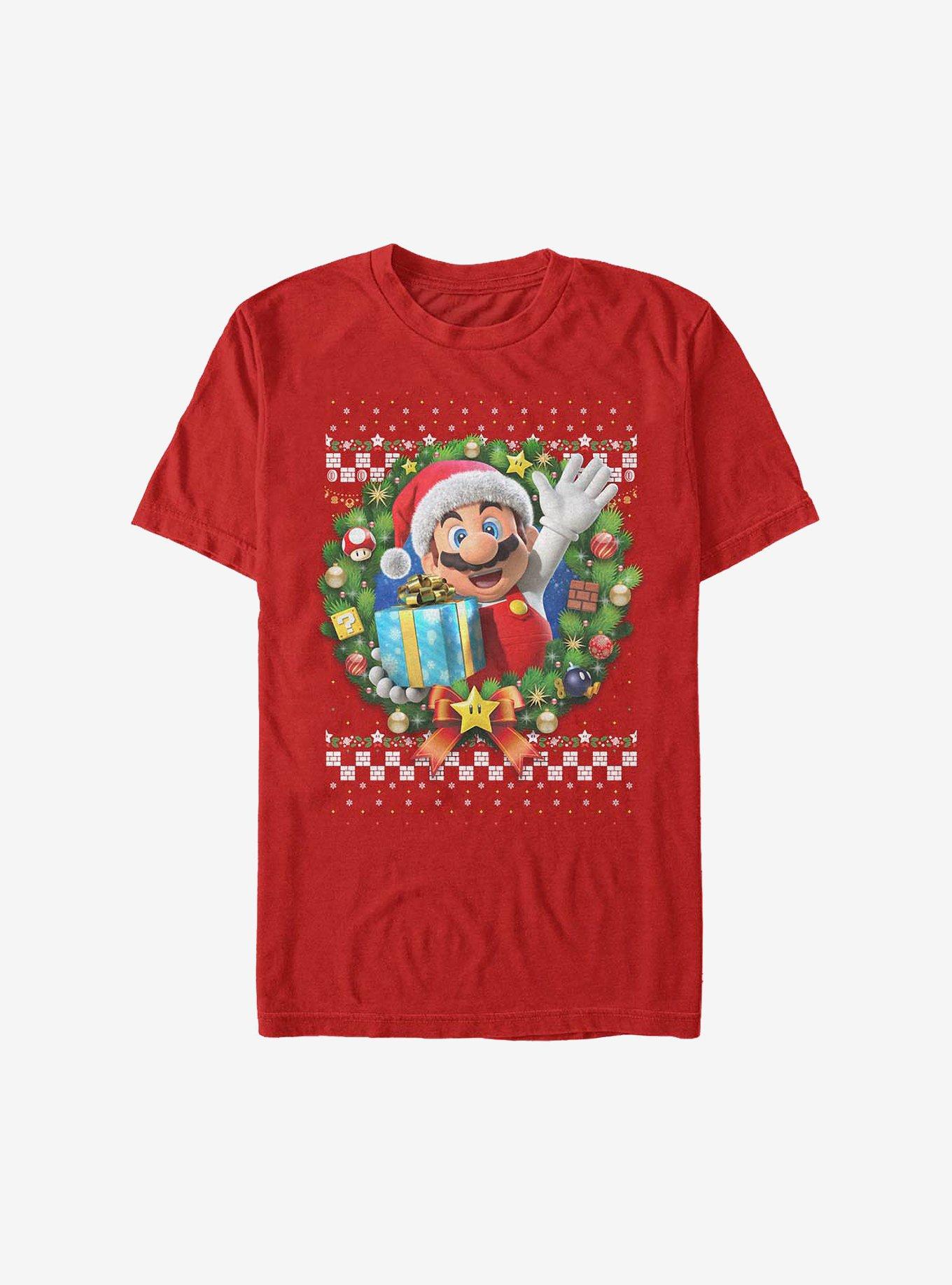Super Mario Mario Holiday Wreath T-Shirt, RED, hi-res