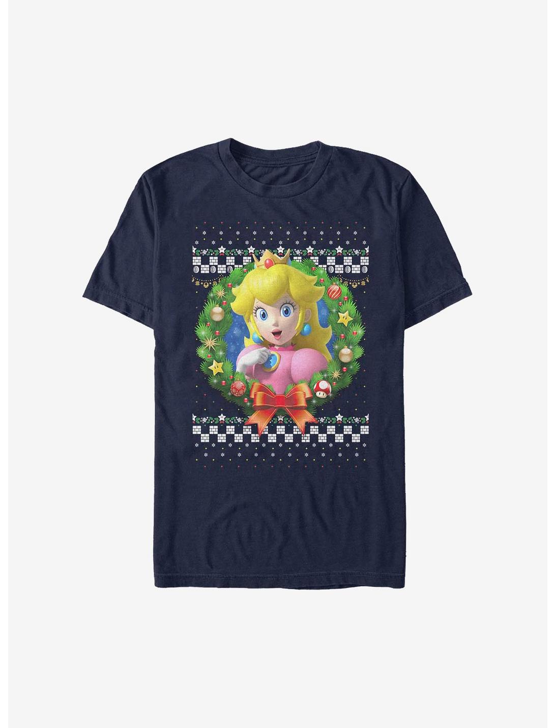 Super Mario Peach Holiday Wreath T-Shirt, NAVY, hi-res