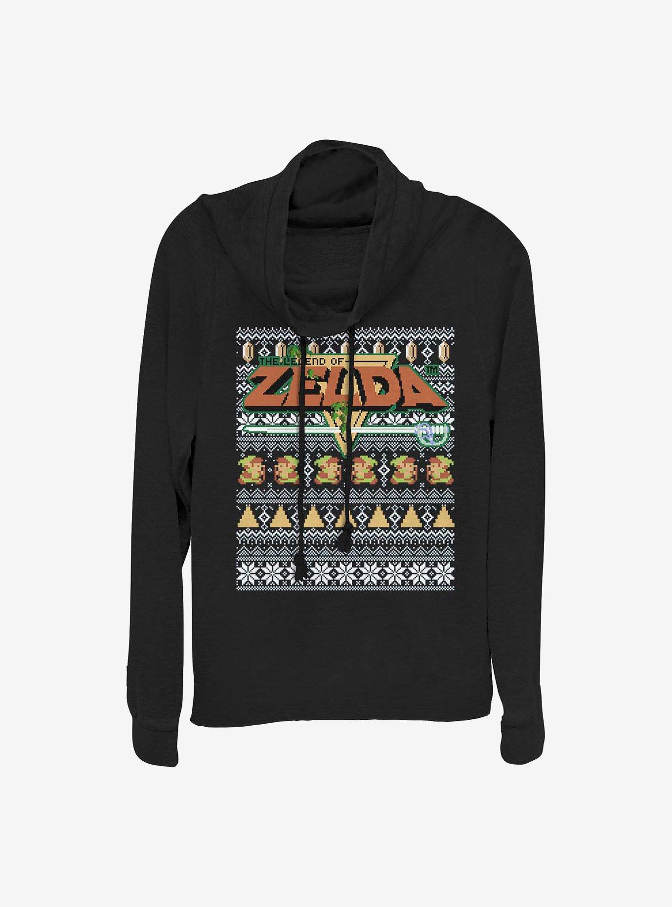 Nintendo Legend Of Zelda Tight Forces Christmas Print Cowl Neck Long-Sleeve Girls Top, BLACK, hi-res