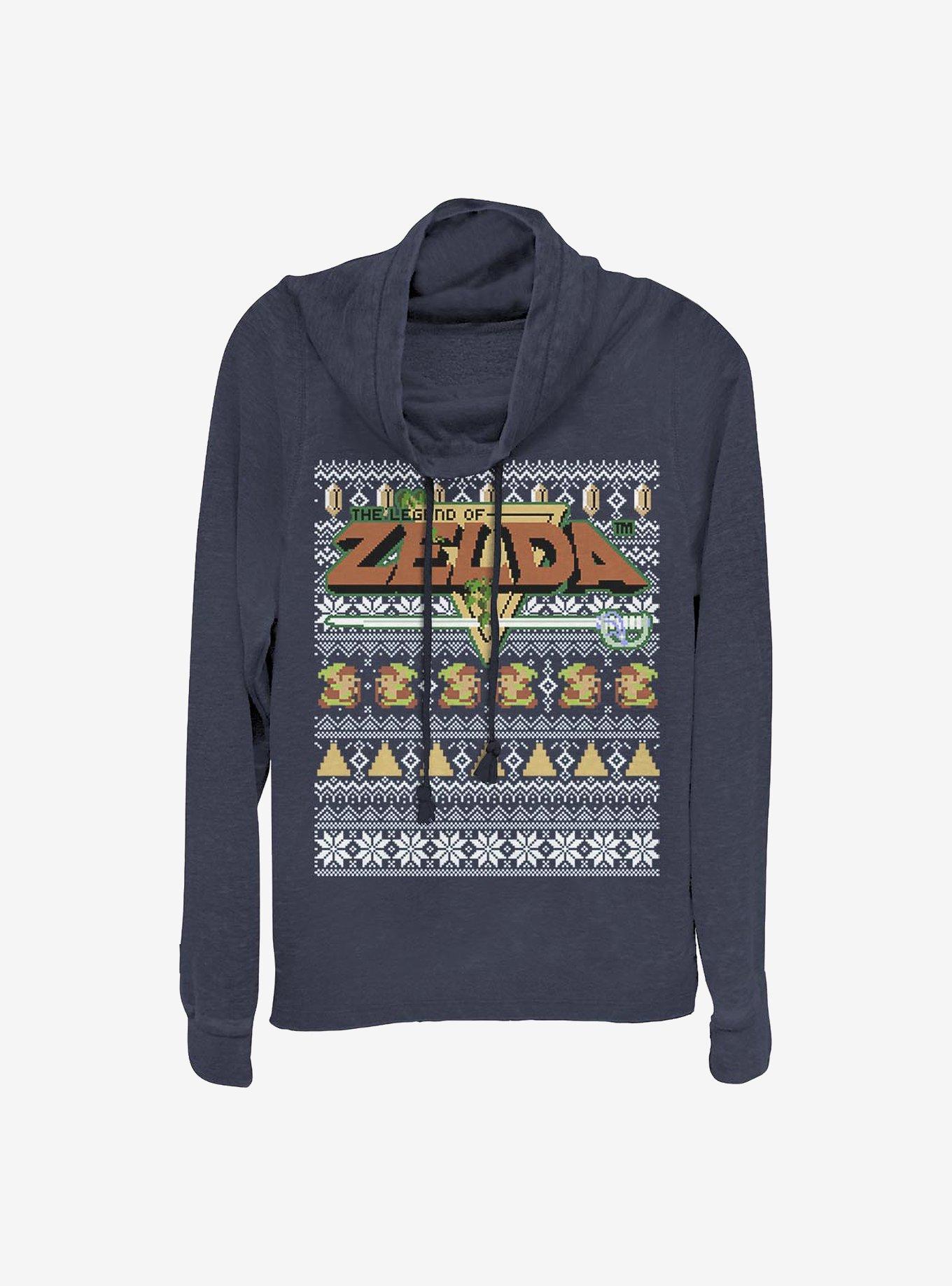 Nintendo Legend Of Zelda Tight Forces Christmas Print Cowl Neck Long-Sleeve Girls Top, NAVY, hi-res