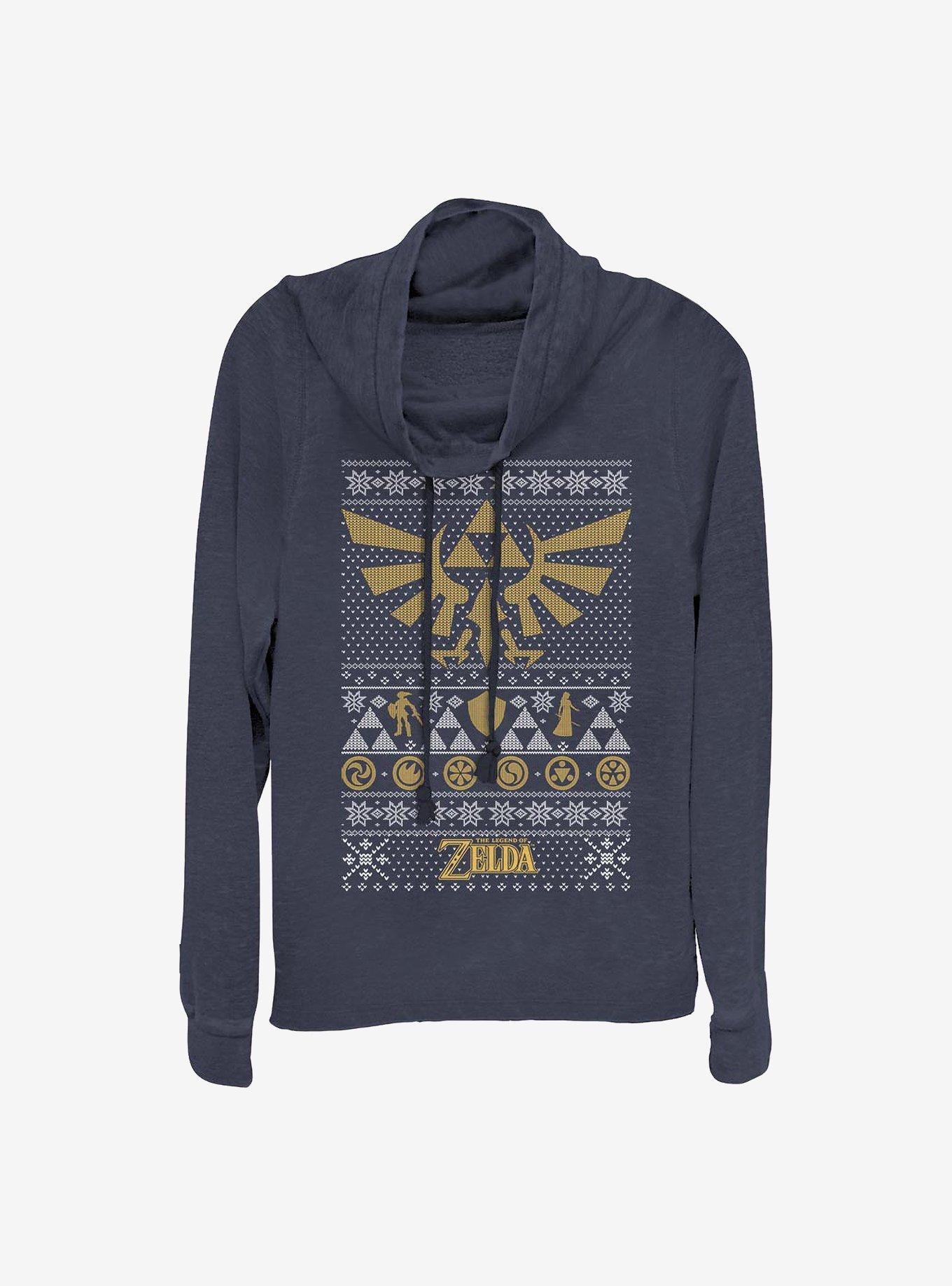 Nintendo Legend Of Zelda Legends Christmas Print Cowl Neck Long-Sleeve Girls Top, NAVY, hi-res