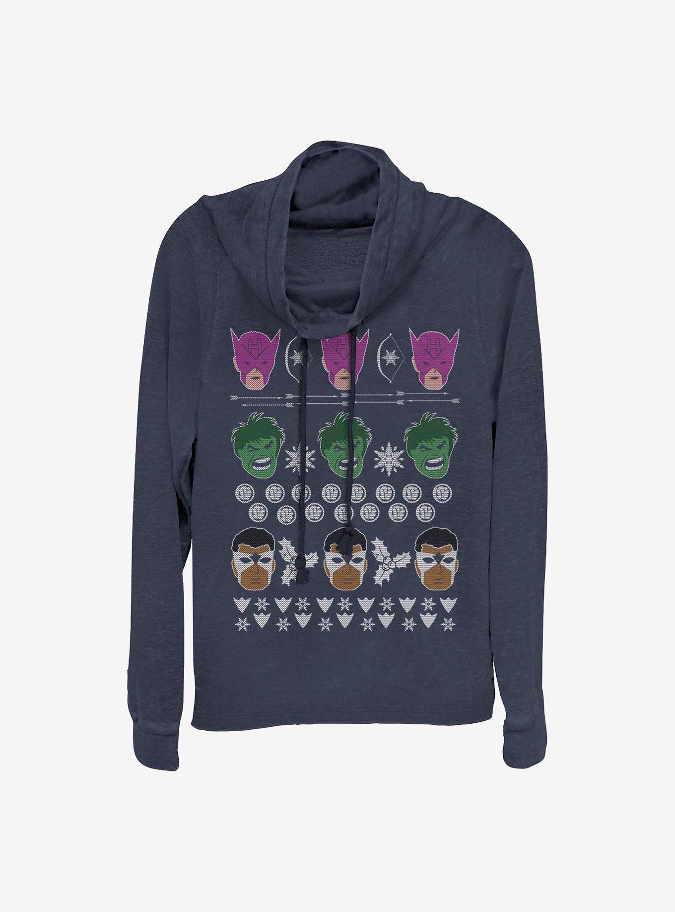 Marvel Avengers Ugly Christmas Sweater Cowl Neck Long-Sleeve Girls Top, NAVY, hi-res