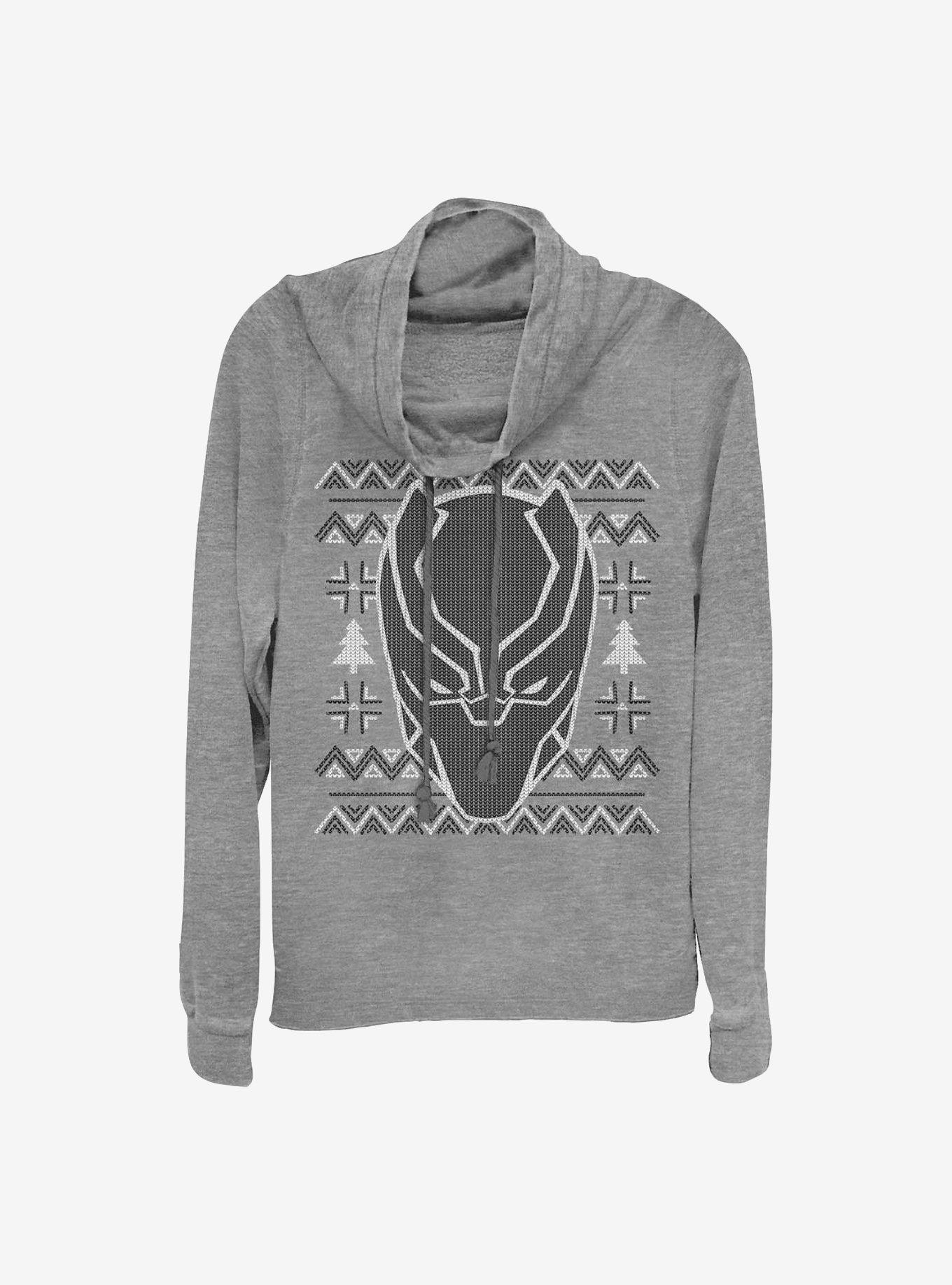 Marvel Black Panther Christmas Pattern Cowl Neck Long-Sleeve Girls Top, GRAY HTR, hi-res