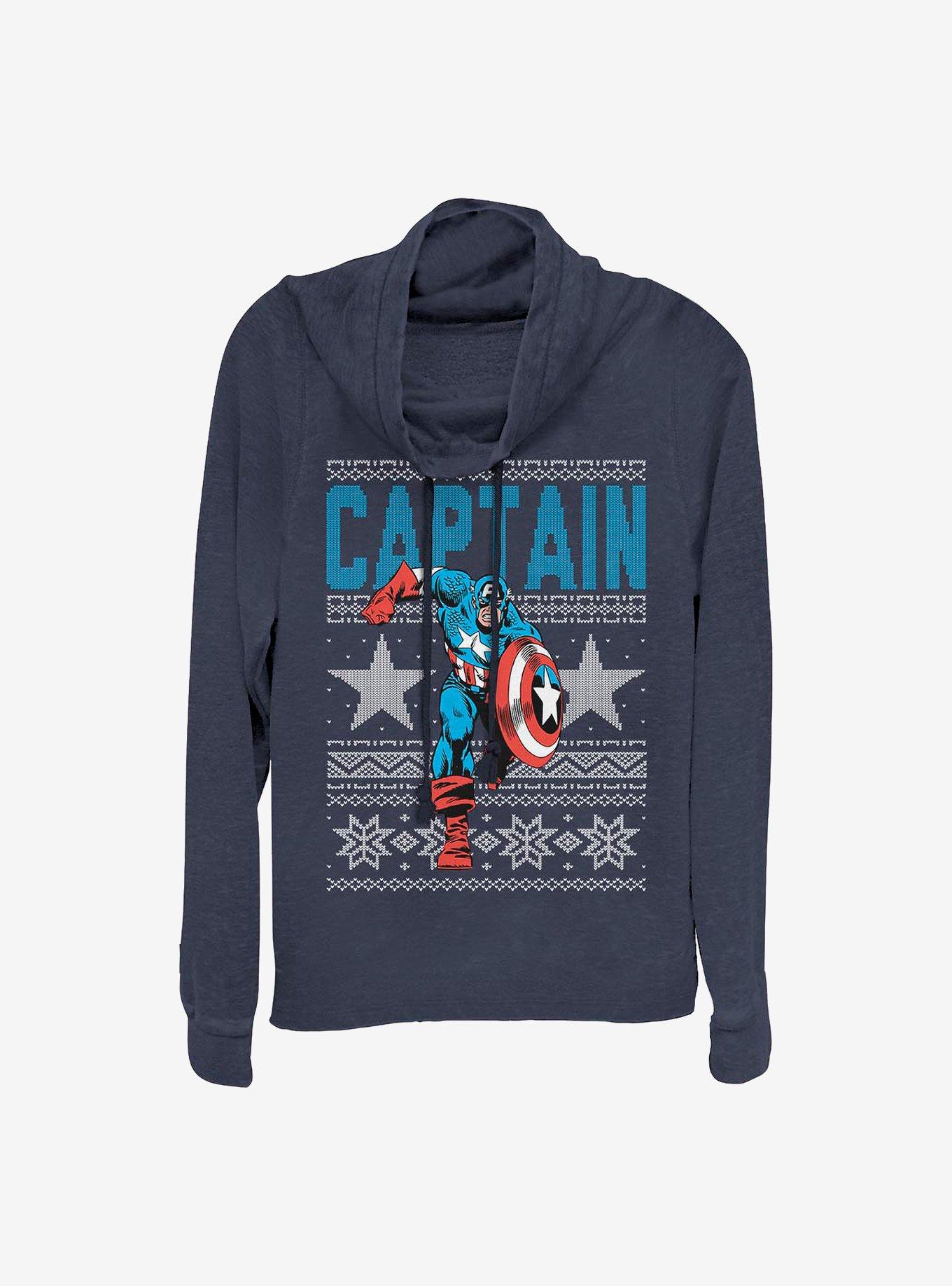 Marvel Captain America Ugly Christmas Cowl Neck Long-Sleeve Girls Top, NAVY, hi-res