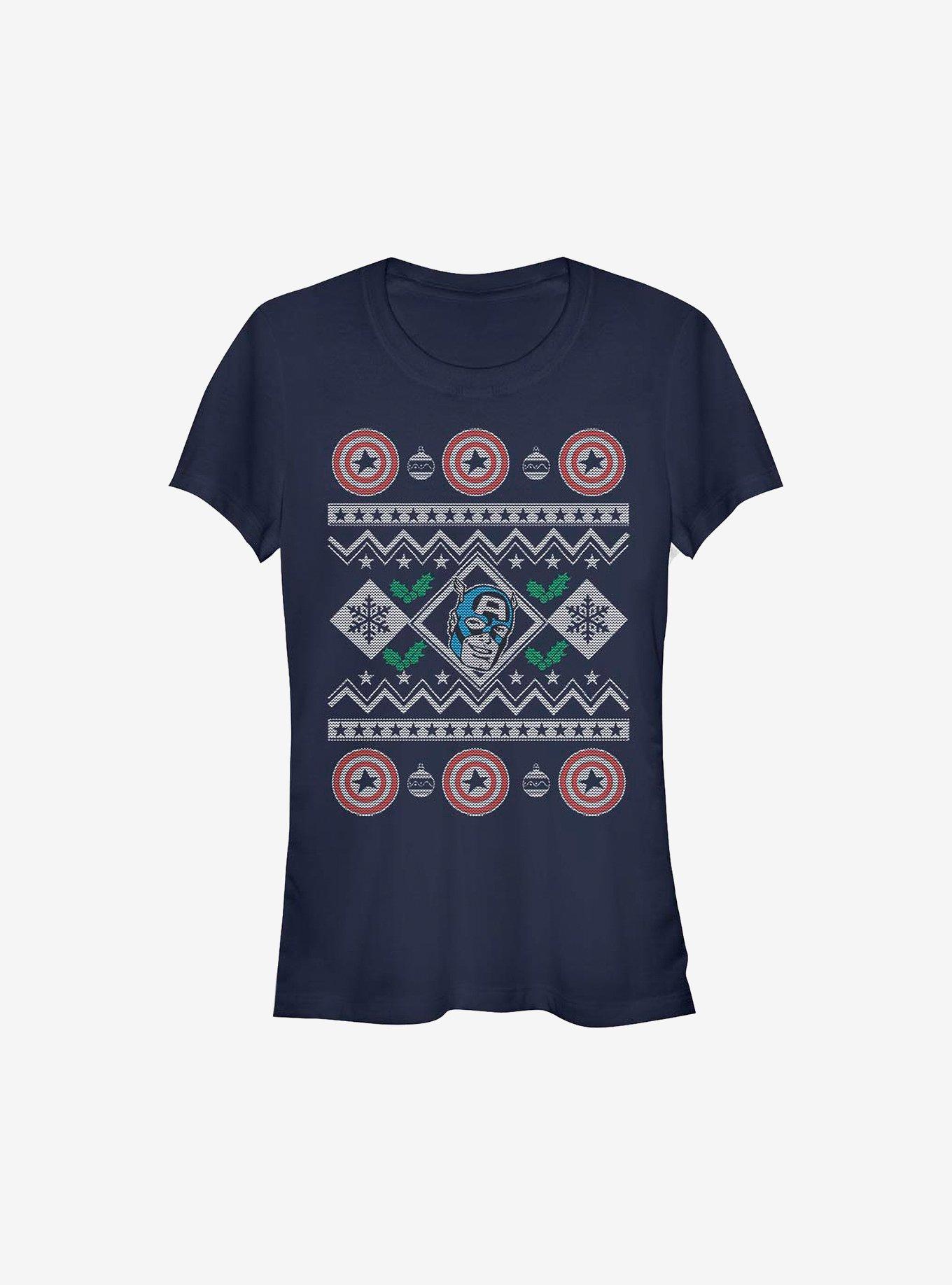 Marvel Captain America Christmas Pattern Sweater Girls T-Shirt, NAVY, hi-res