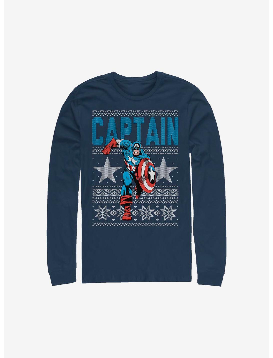 Marvel Captain America Ugly Christmas Sweater Long-Sleeve T-Shirt, NAVY, hi-res
