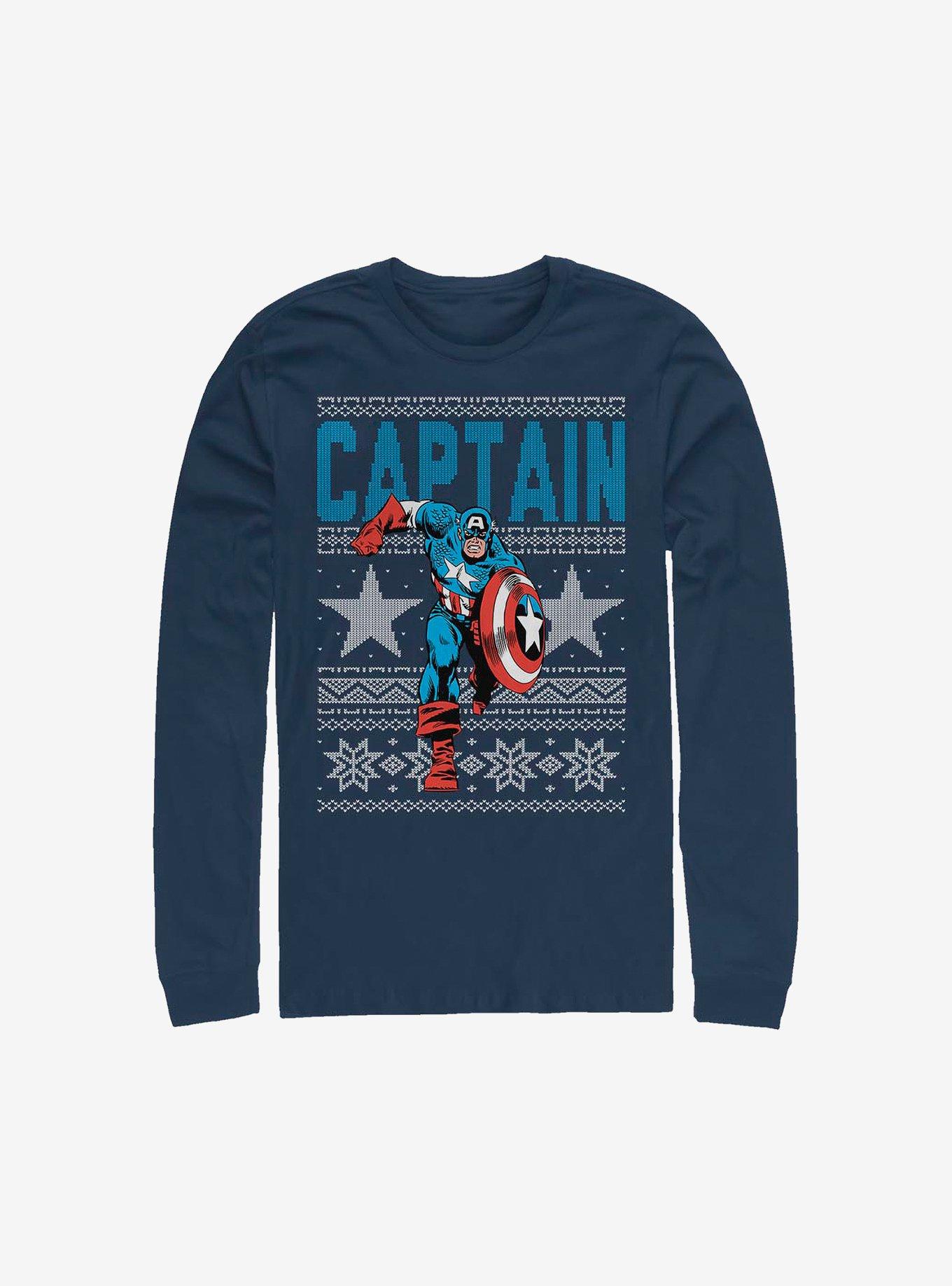 Marvel Captain America Ugly Christmas Sweater Long-Sleeve T-Shirt, NAVY, hi-res