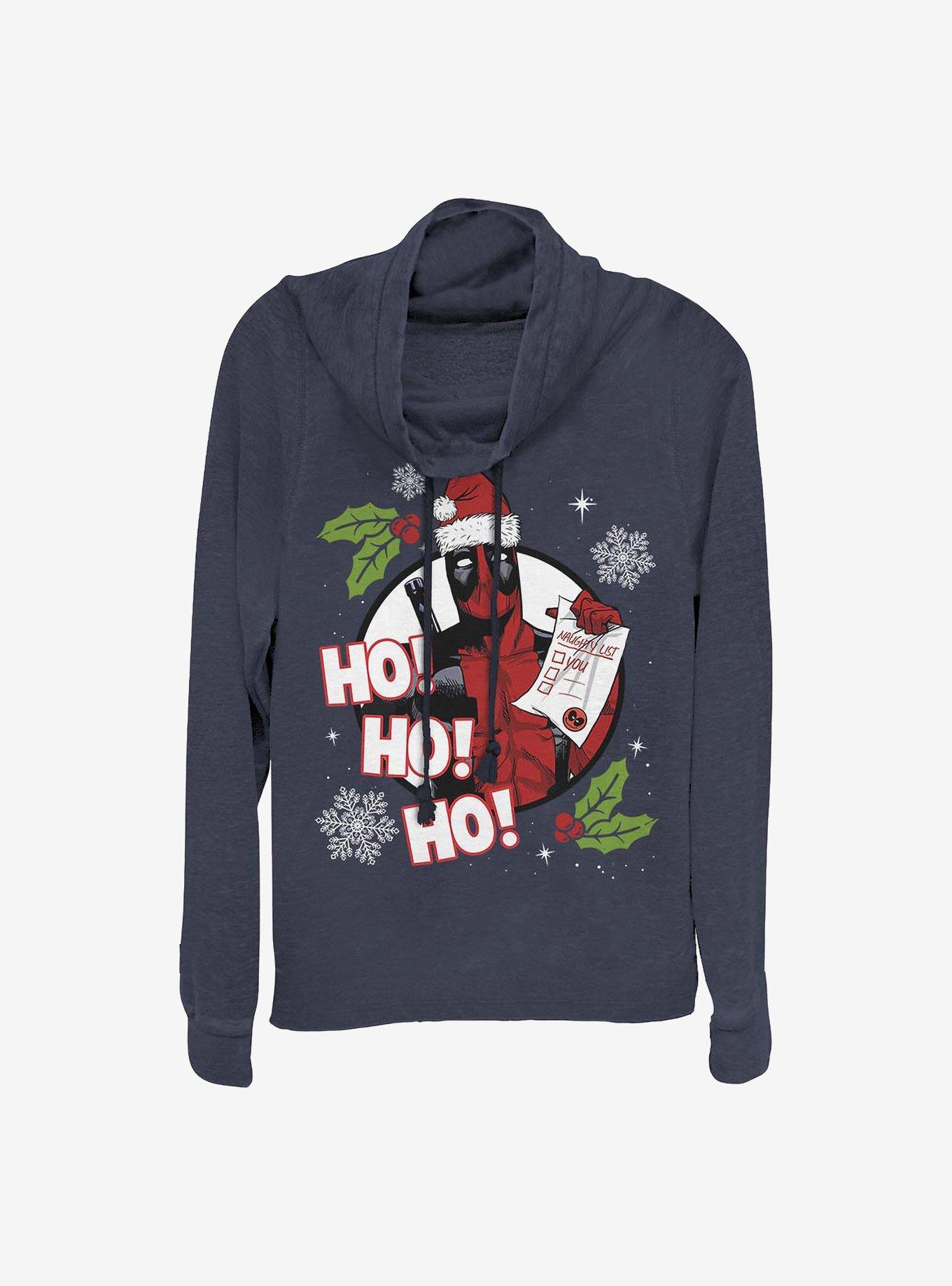 Marvel Deadpool Naughty List Holiday Cowl Neck Long-Sleeve Girls Top, NAVY, hi-res