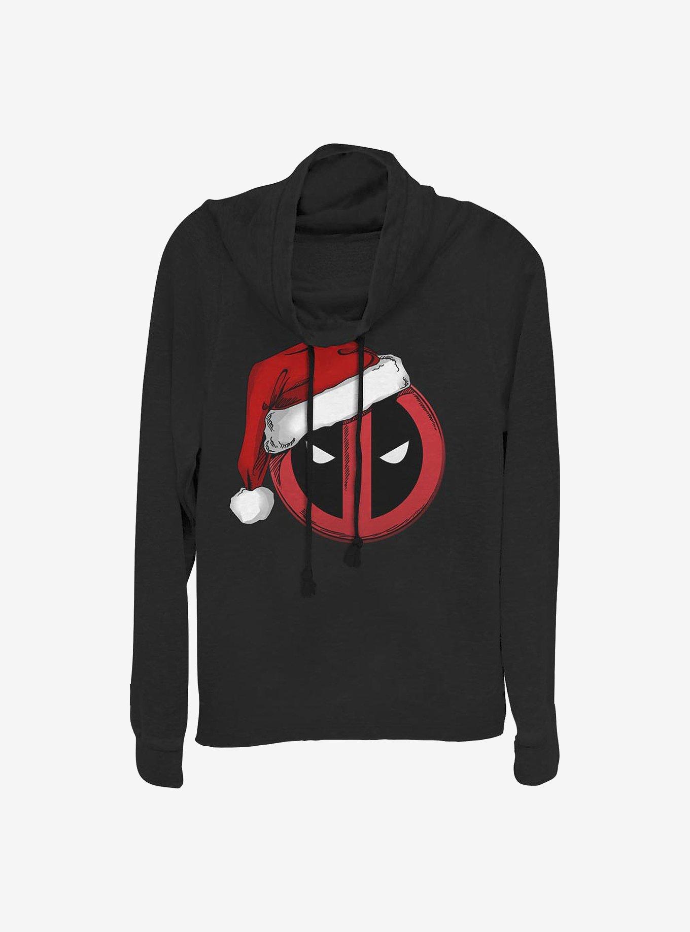 Marvel Deadpool Santa Hat Christmas Cowl Neck Long-Sleeve Girls Top, BLACK, hi-res