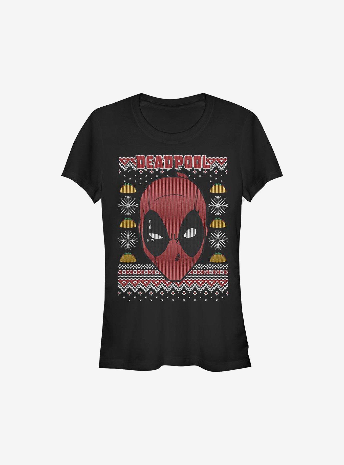 Marvel Deadpool Face Ugly Christmas Sweater Girls T-Shirt, BLACK, hi-res